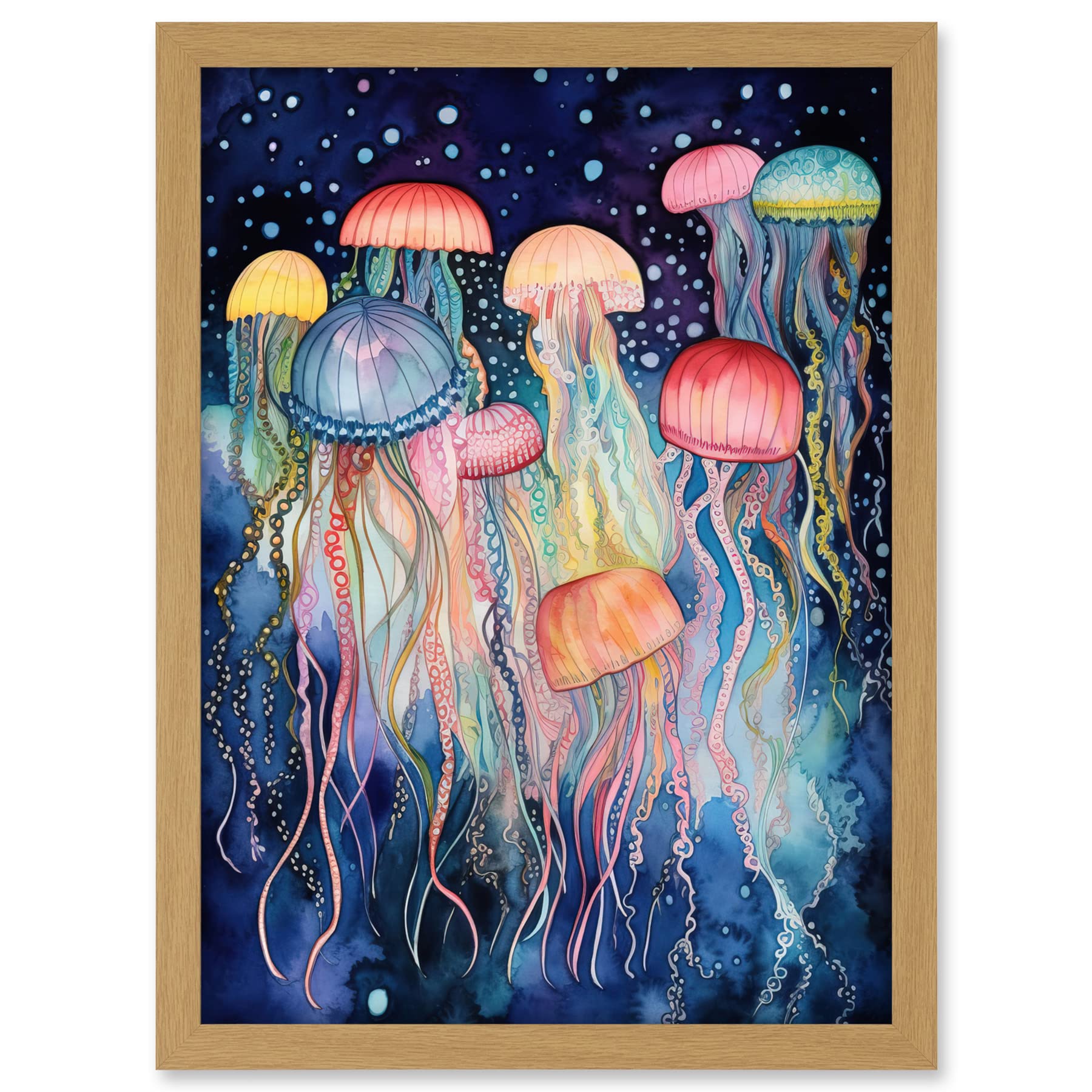 Artery8 Group Of Jellyfish Multicoloured Folk Art Watercolour Painting Artwork Framed A3 Wall Art Print