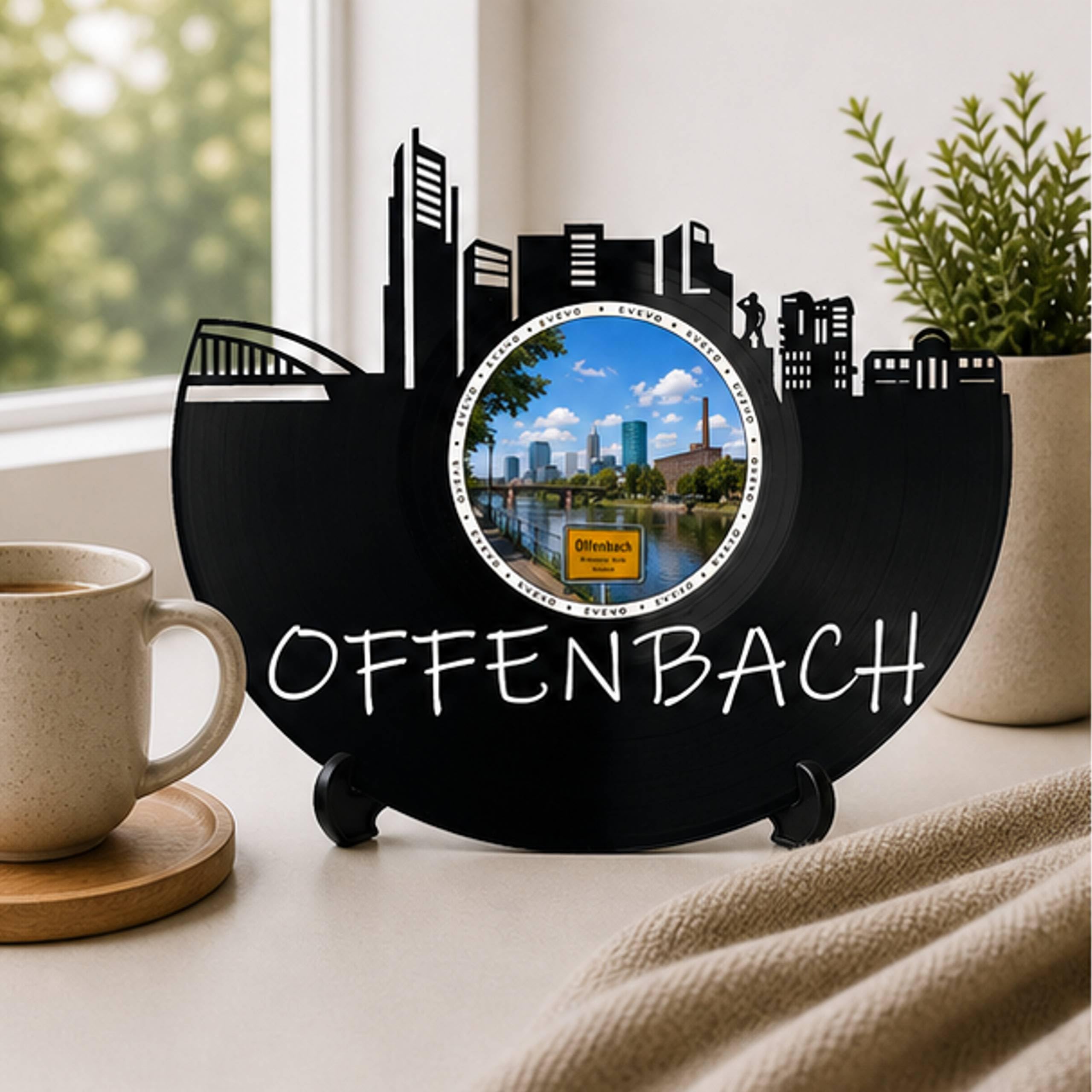 EVEVO Dekoracja ścienna z płyty gramofonowej Offenbach – winylowa sztuka ścienna Main Skyline prezent dla fanów Offenbacha, zamek w Isenburgu Hesja-miłośnicy D0042