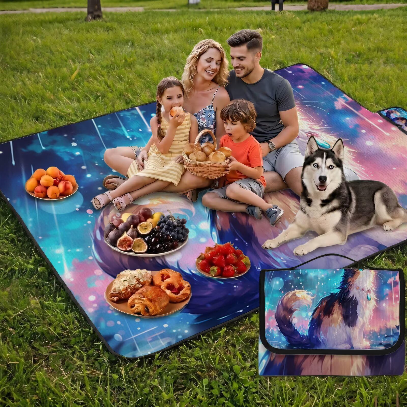 Couverture Pique Nique 200x200cm,Outdoor Couverture Imperméable,Pliable Tapis de Plage Dos en PVC,Grande Picnic Blanket pour Camping Accessoires,Jardin,Parc,Famille - Chat,Fleur de rêve UZ-886