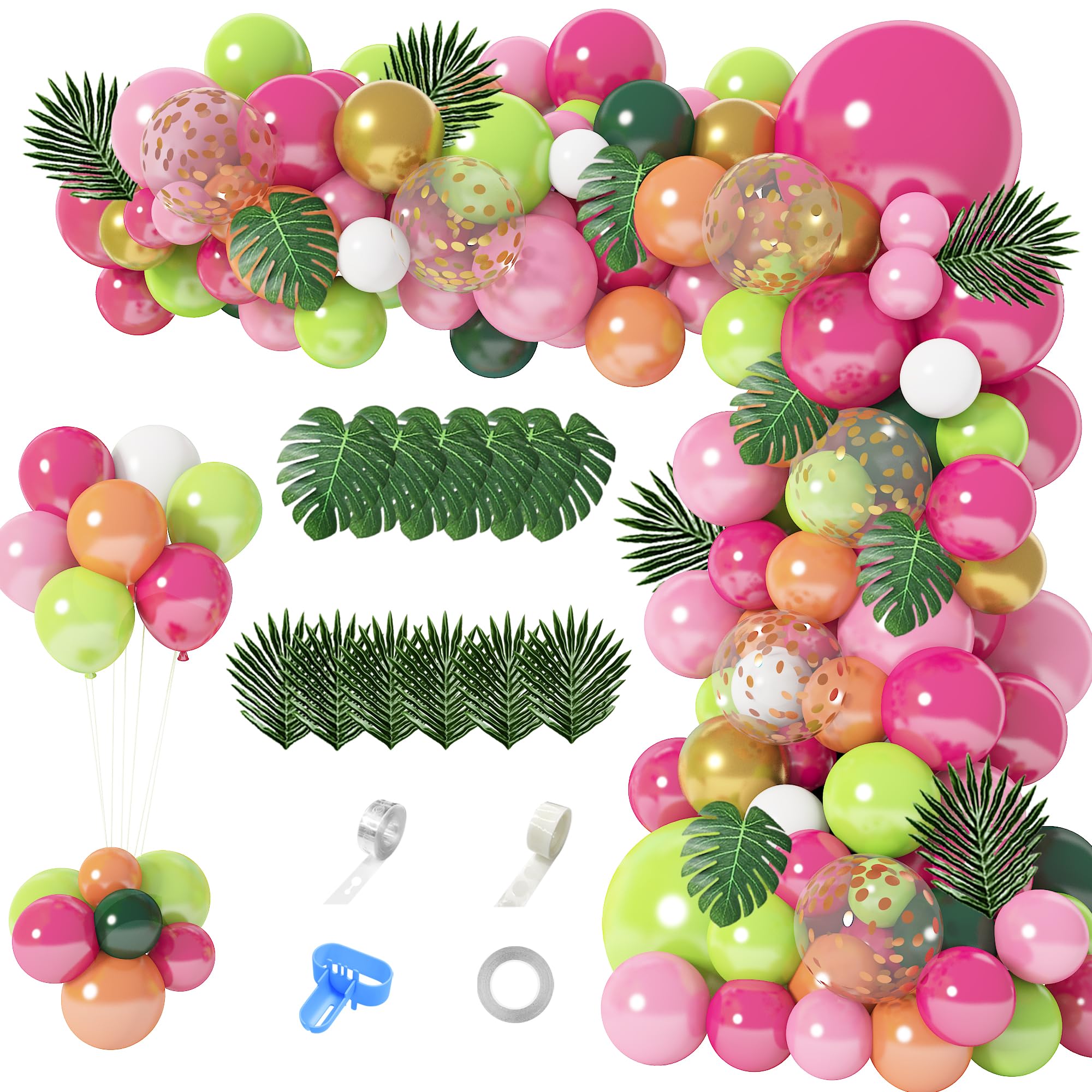 146Pcs Tropical Balloons Garland Arch Kit, Hawaiian Luau Tropical Aloha Flamingo Party Decorations Hot Pink Fruit Green Rose Gold Confetti Balloons