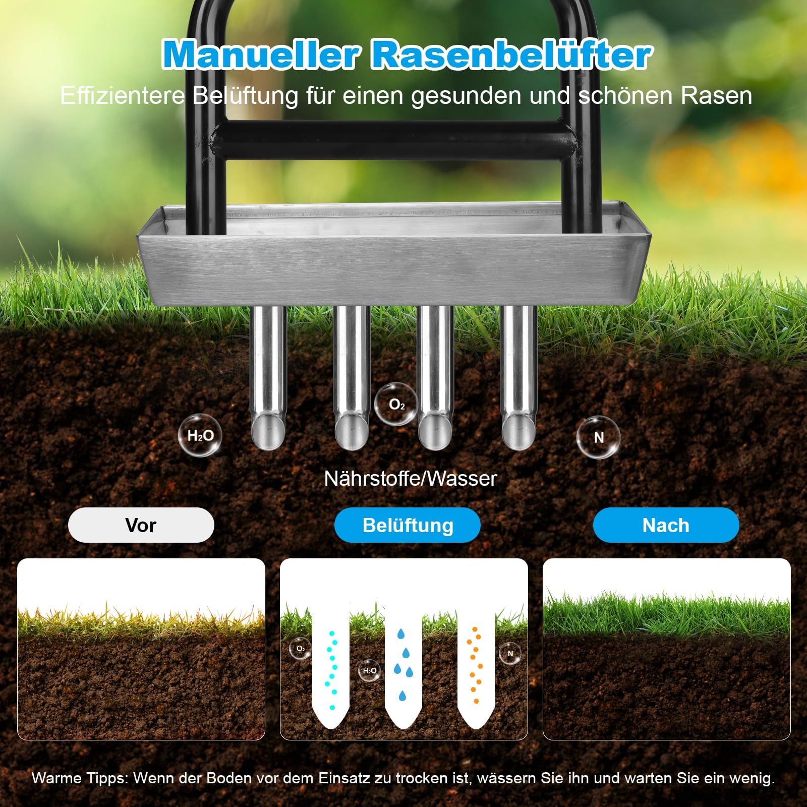 Handbetriebener Rasenlüfter mit 4 Dornen & Auffangschale – Hebel-System für müheloses Lüften, T-Griff & rostfreie Stahldorne für Rasen & Garten