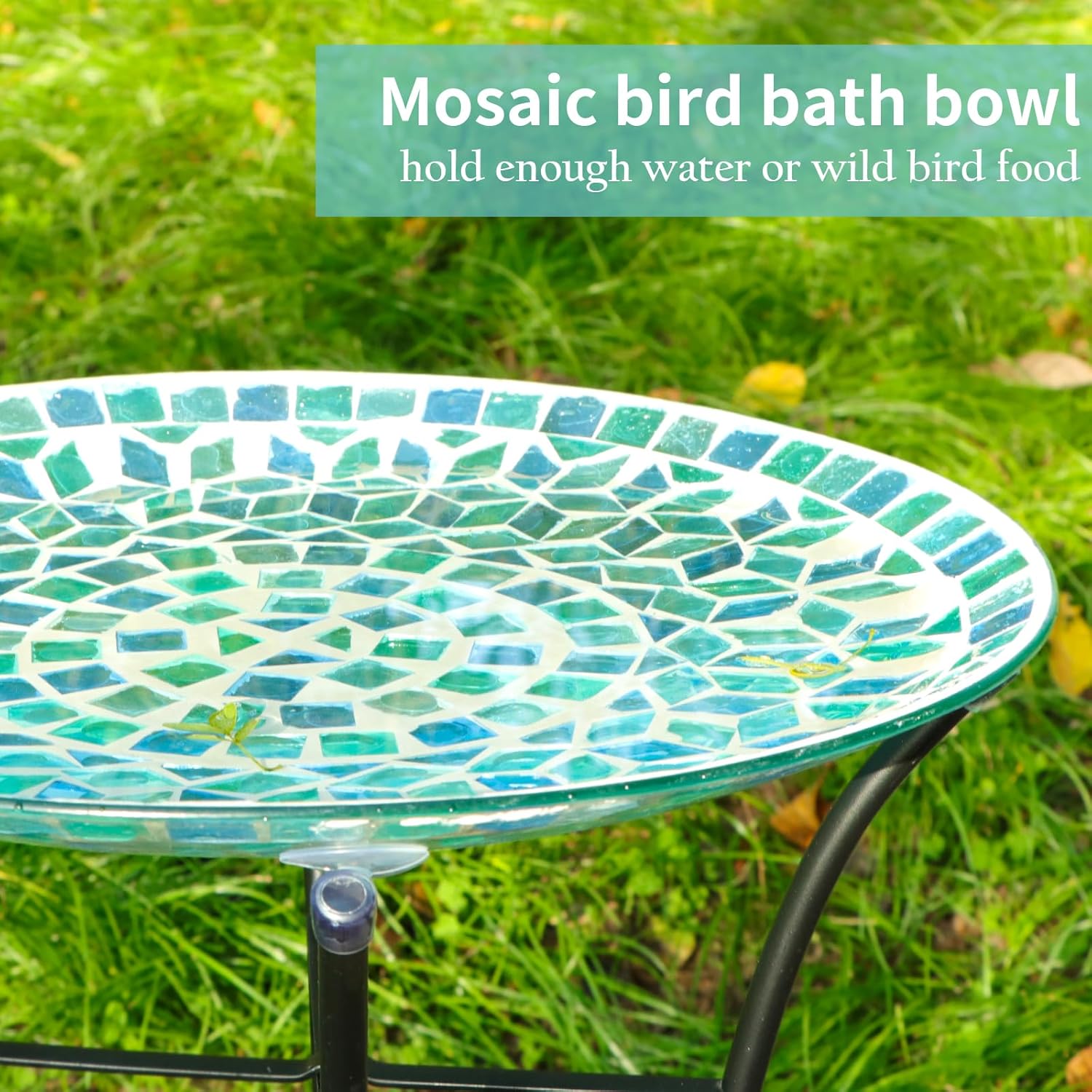 VCUTEKA Mosaic Bird Bath, Glass Birdbath Detachable with Metal Standing for Outdoor Patio Garden Backyard Décor