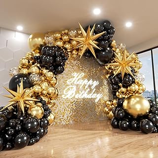 Black and Gold Balloon Arch Kit, 140Pcs Explosion Star Black and Metallic Gold Balloons 22 18 12 10 5 Inch Different Size Balloons for Birthday Anniversary Graduation New Year Decorations