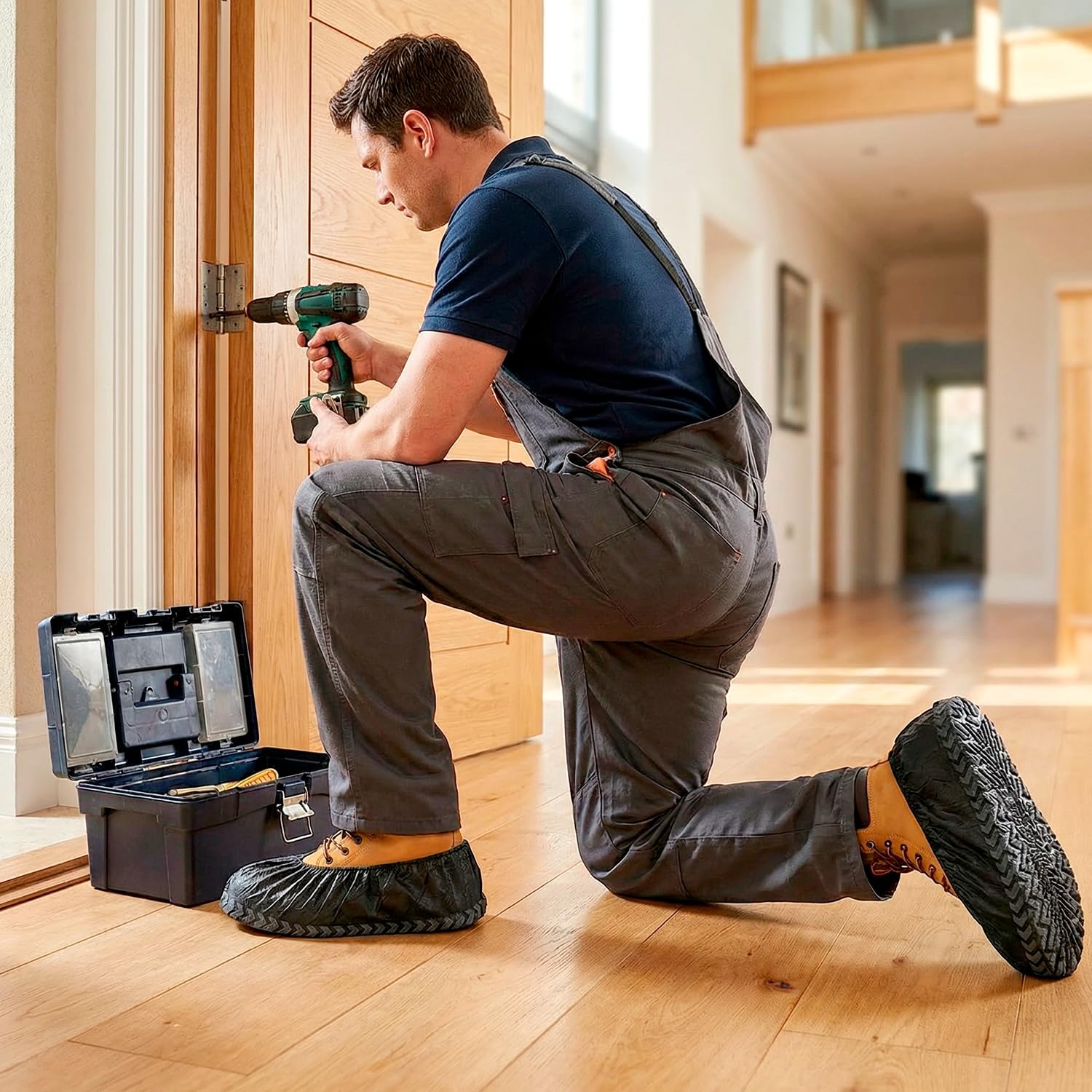 QWORK 100 Pezzi Copriscarpe Monouso Neri XL, Calzari in Tessuto Non Tessuto Suola Antiscivolo