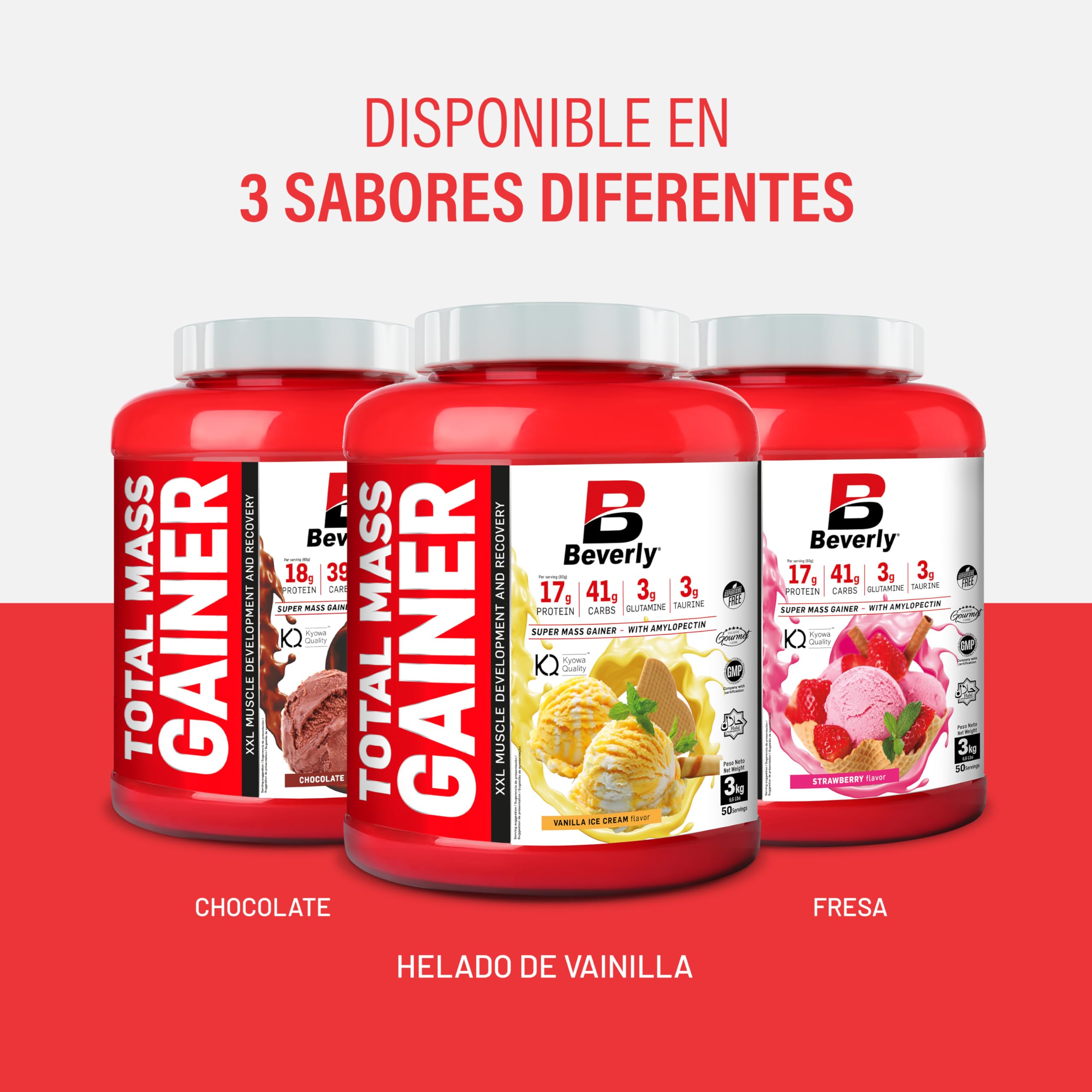 Beverly Total Mass - Proteína con hidratos de carbono, glutamina y taurina - 3 Kg - 50 Servicios - Ganancia muscular y de peso libre de grasa. Delicioso sabor (3 KG, FRESA)