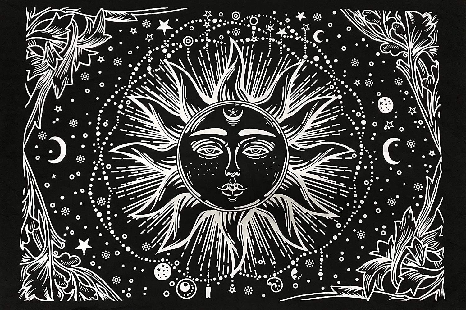 Psychedelic Sun Moon Tie Dye Mandala Hippie Hippy Celestial Wall Hanging Indian Bohemian Tapestries (Black and White, 40x30 Inches)-image-0