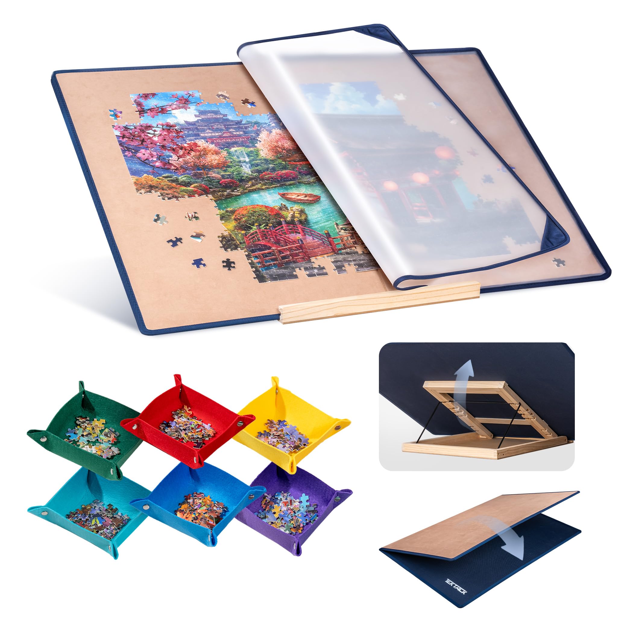 Tektalk Foldable Jigsaw Puzzle Board with 3 Angle Adjustable Bracket/Stand, Lightweight Portable Puzzle Mat with Dustproof Cover for Puzzle Storage Saver, Non-Slip Surface, Up to 1500 Pieces - Khaki