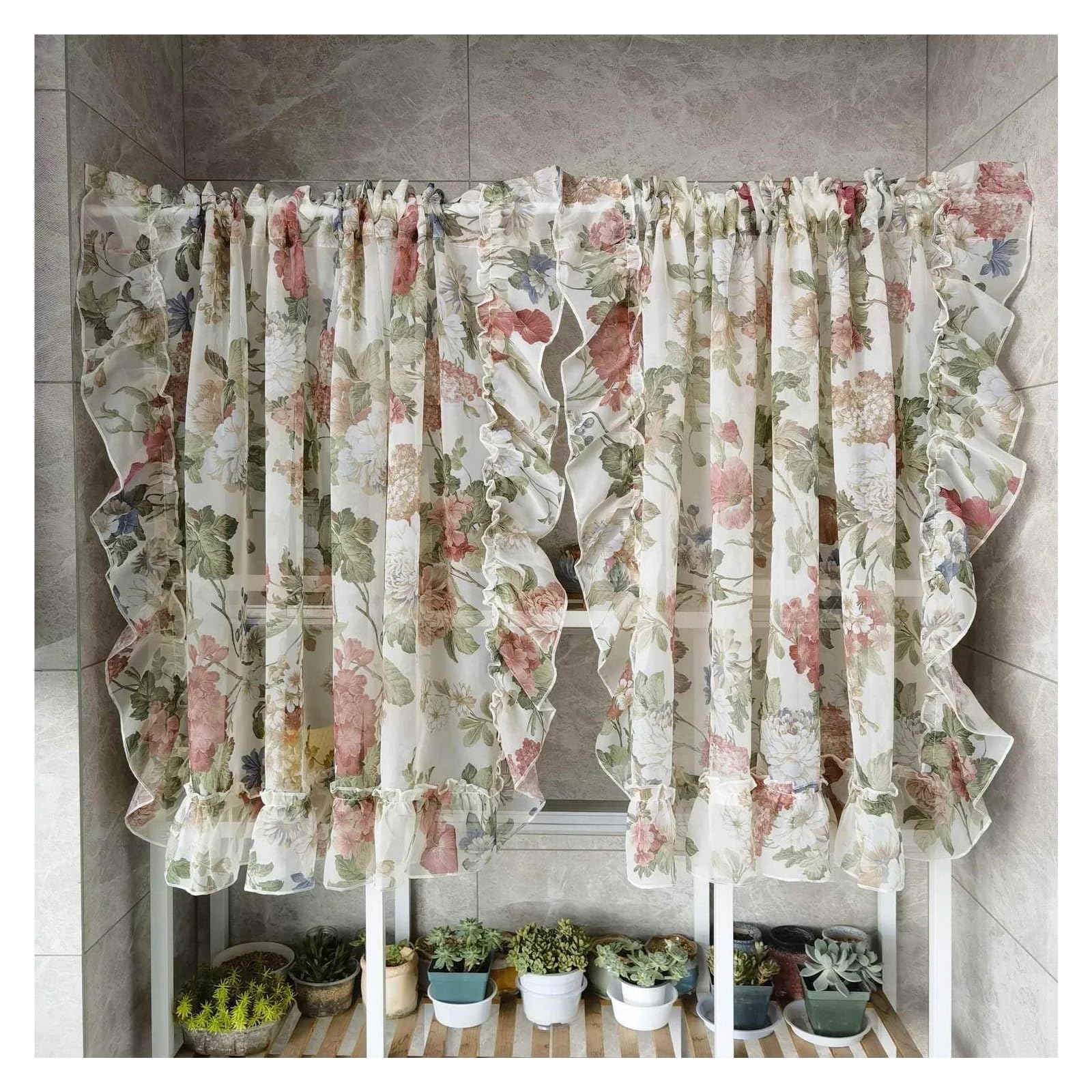DFGRGRV Ruffle Curtains Colorful Flower Sheer Ruffled Short Curtains Valance Romantic French Tulle Door Short Curtain for Cabinet Kitchen Home Decor(W200CM X H120CM(1PC))