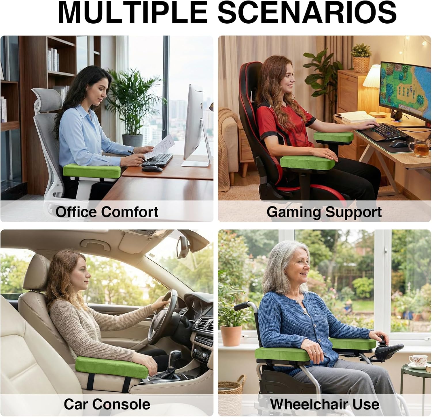 Smiry Ergonomic Office Chair Armrest Pads, Memory Foam Arm Rest Covers, Non-Slip Armrest Cushion with Adjustable Buckles and Straps, Elbow Relief for Desk, Gaming & Wheelchair (Green, Set of 2)