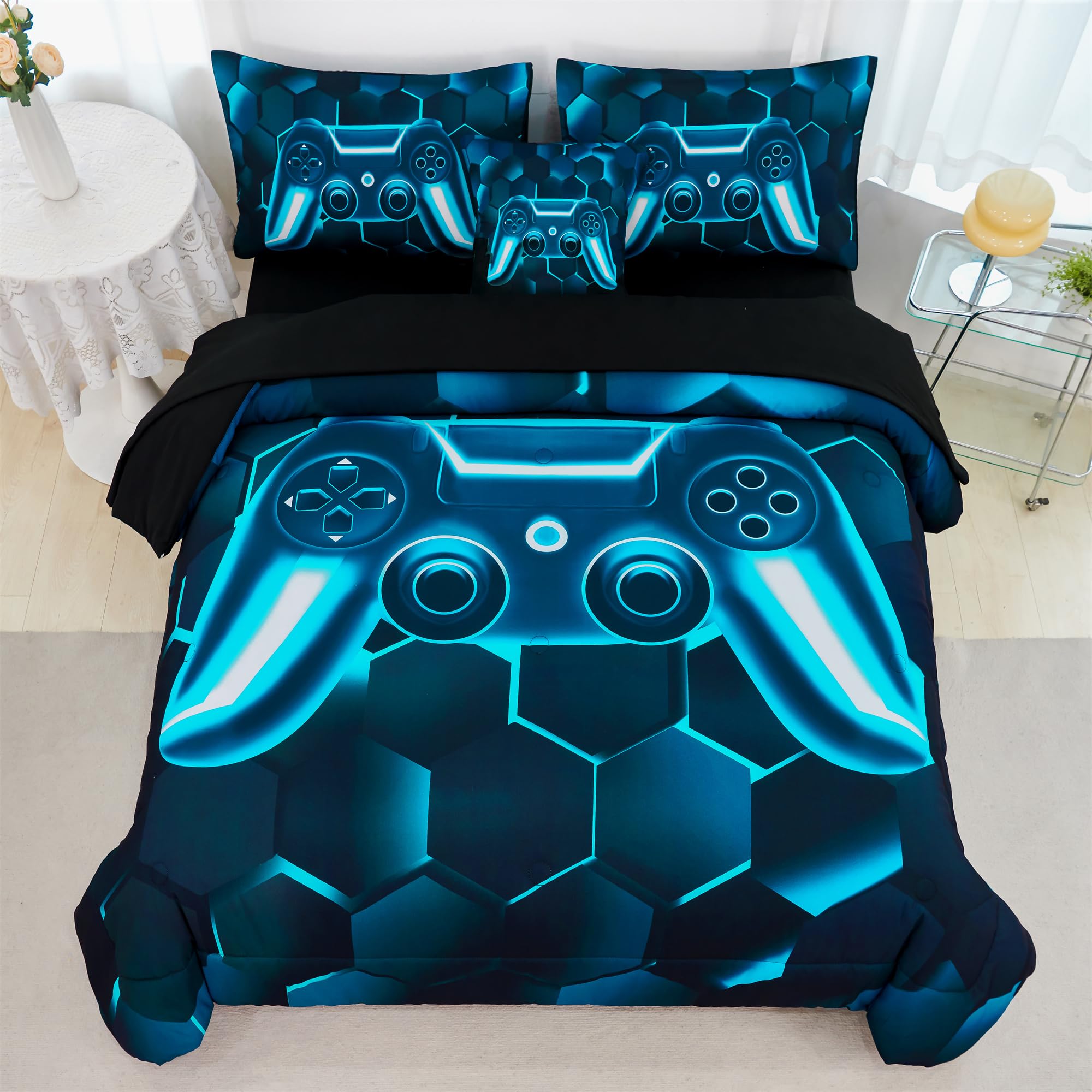 RYNGHIPY Gaming Bedding Set for Kids Boys Girls 6 Pieces Gamer Bed in a Bag Queen Size Cool 3D Game Console Comforter Set with Sheets (Teal,Queen)