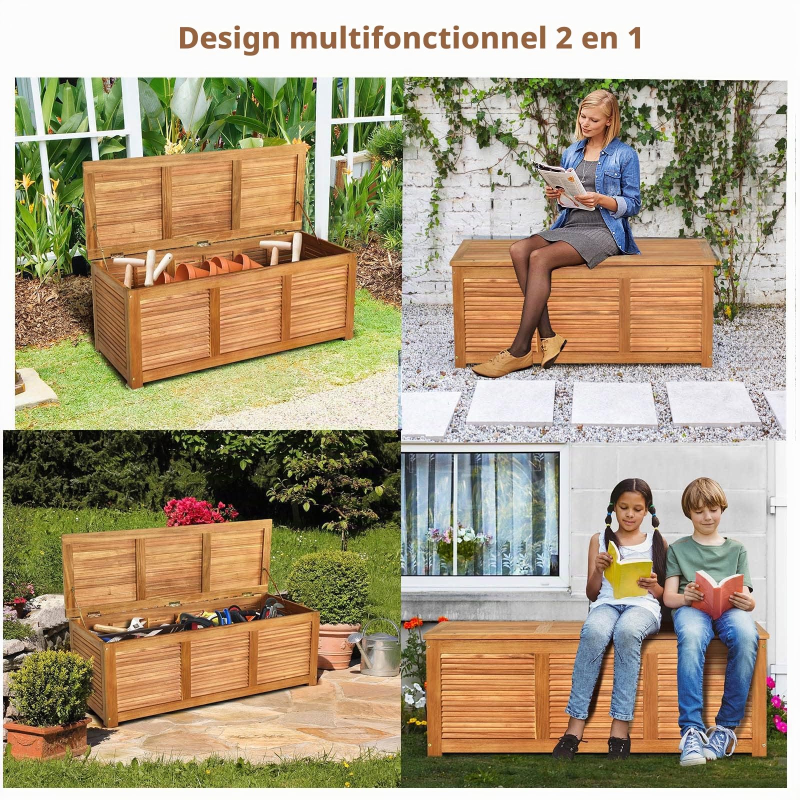 KOMFOTTEU Coffre Jardin Bois d'Acacia, Barre de Support, Charge 150KG