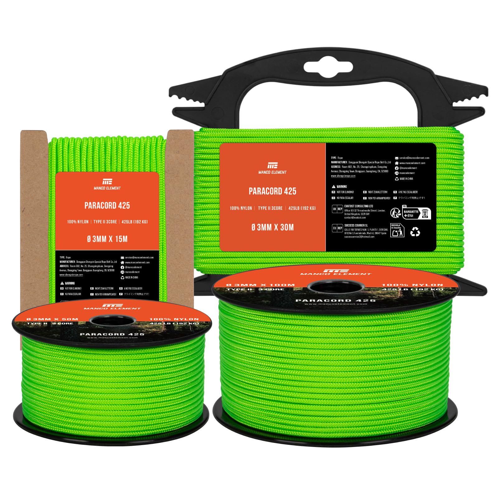 Manco Element 3mm Paracord 425 Type II 30m Neon Green | 100% Nylon Rope 3 Strands Tactical Cord | Ideal for Outdoor, Camping, Survival, Crafting, DIY