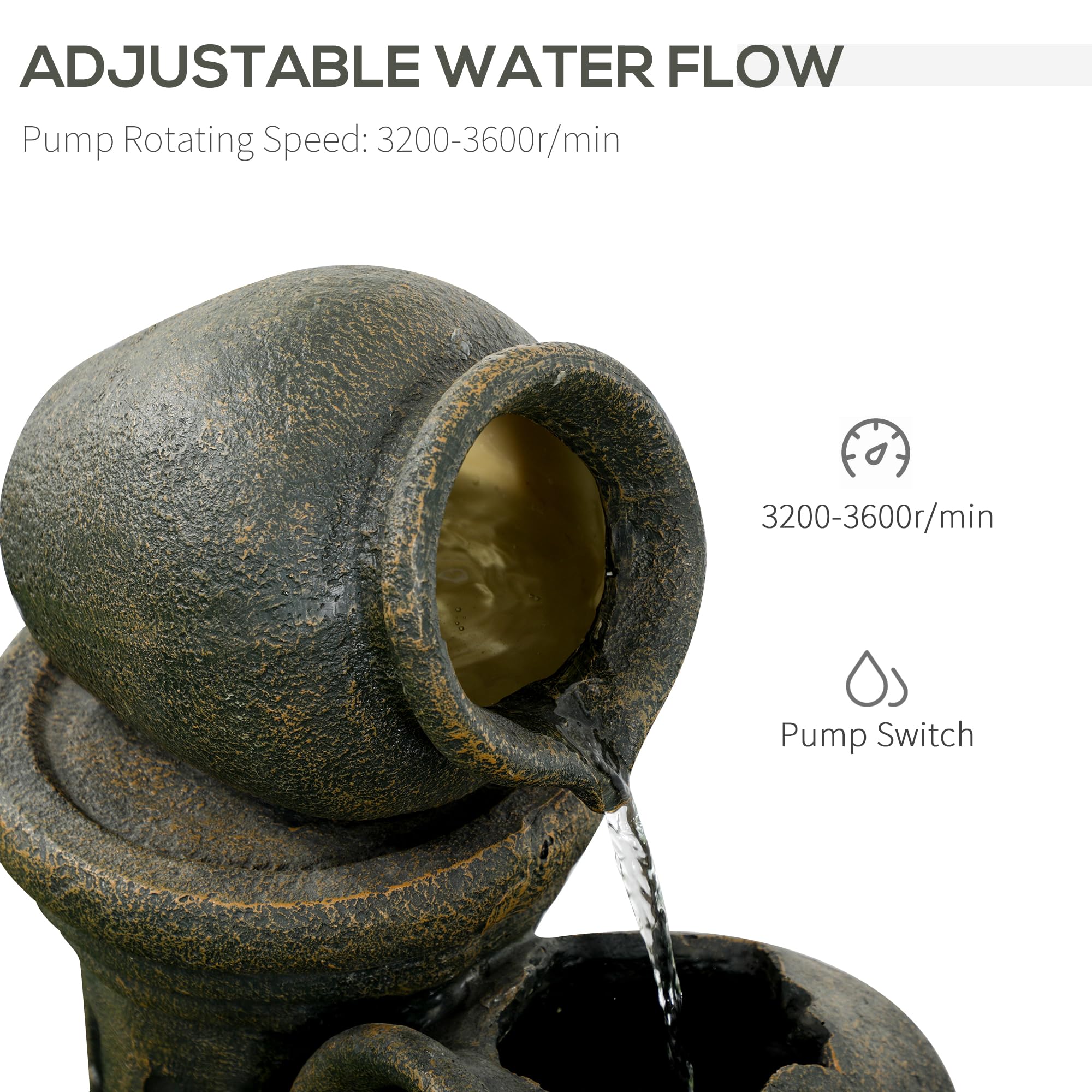 Outsunny Zen - Fuente de jardín ornamental (3 jarras, flujo ajustable, bomba de agua sumergible, incluye dim. 36,5 x 32 x 73 cm, resina gris