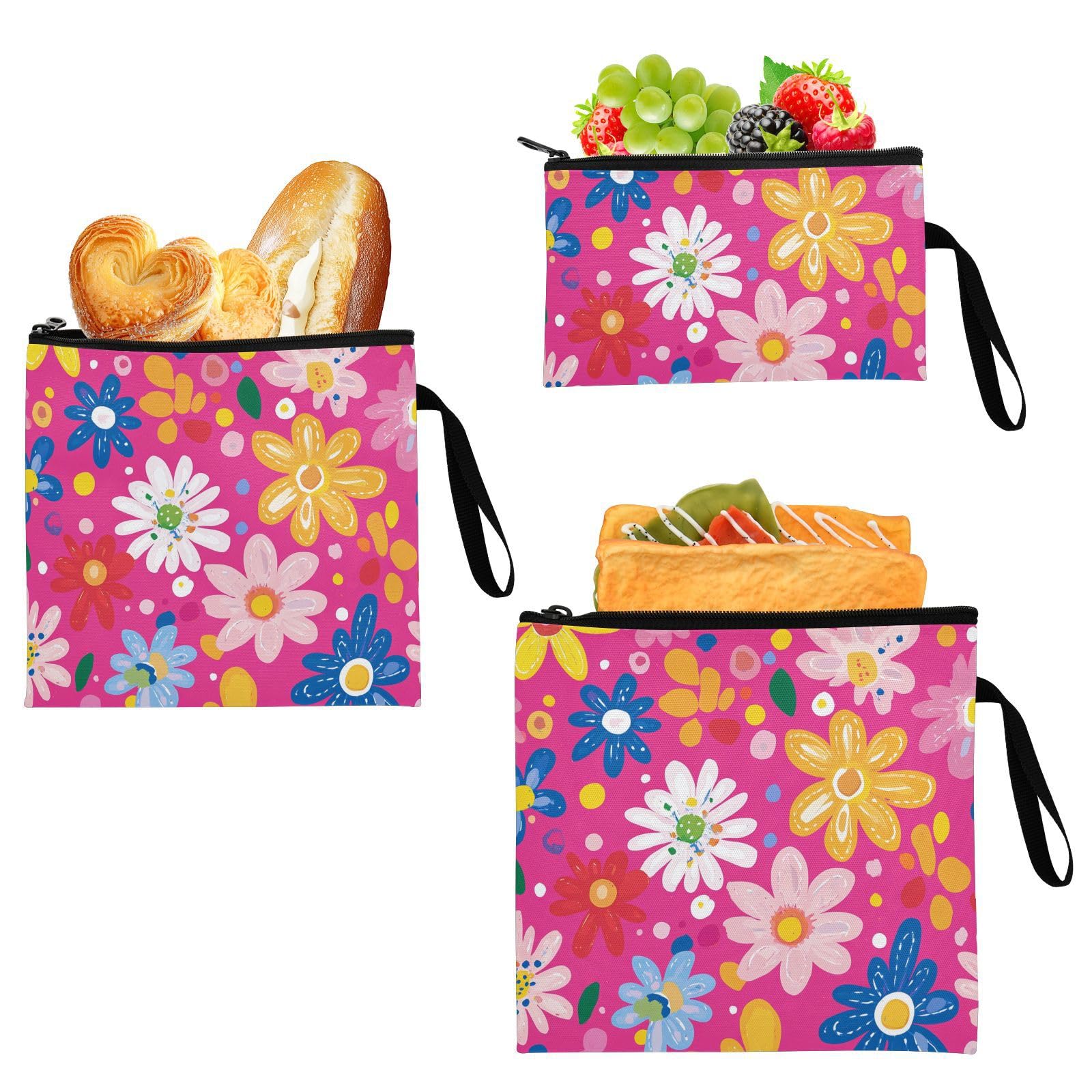 Fresh Little Flowers Peach Pack of 3 Reusable Zipper Snack Bag Waterproof Emergency Food Bag for Work Office Travel Picnic
