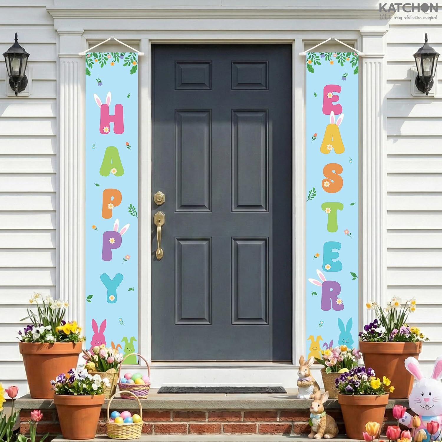 KatchOn, Large Happy Easter Banner - 2 Pieces, 72x12Inch | Happy Easter Porch Sign | Easter Banners for Easter Decor | Easter Door Banner, Easter Door Decorations or Happy Easter Decorations