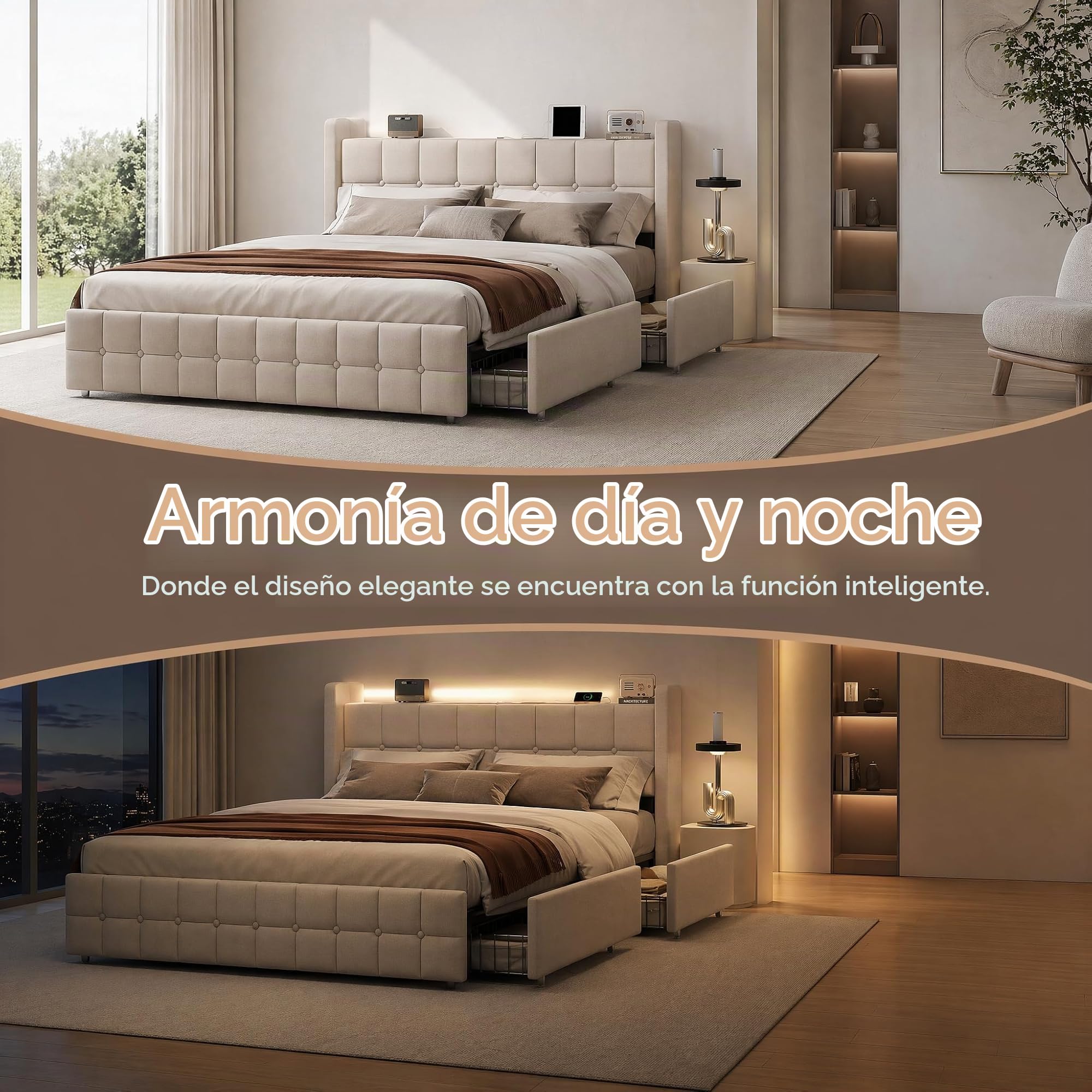 Cama Tapizada 180x200, Cama Doble con 4 Cajones, Cama Doble Tapizada con Somier, Cama Acolchada con USB y Luz LED, Marco de Cama con Cabecero, Cama de Matrimonio (Beige, Lino A, 180 × 200 cm)