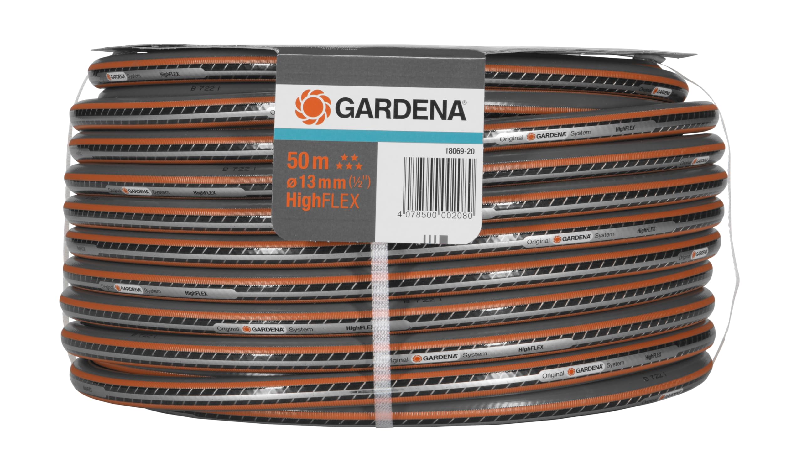 Gardena Comfort HighFLEX Schlauch 13 mm (1/2 Zoll), 50 m: Gartenschlauch mit Power-Grip-Profil, 30 bar Berstdruck, formstabil, UV-beständig, verpackt (18069-20), Grau/Orange