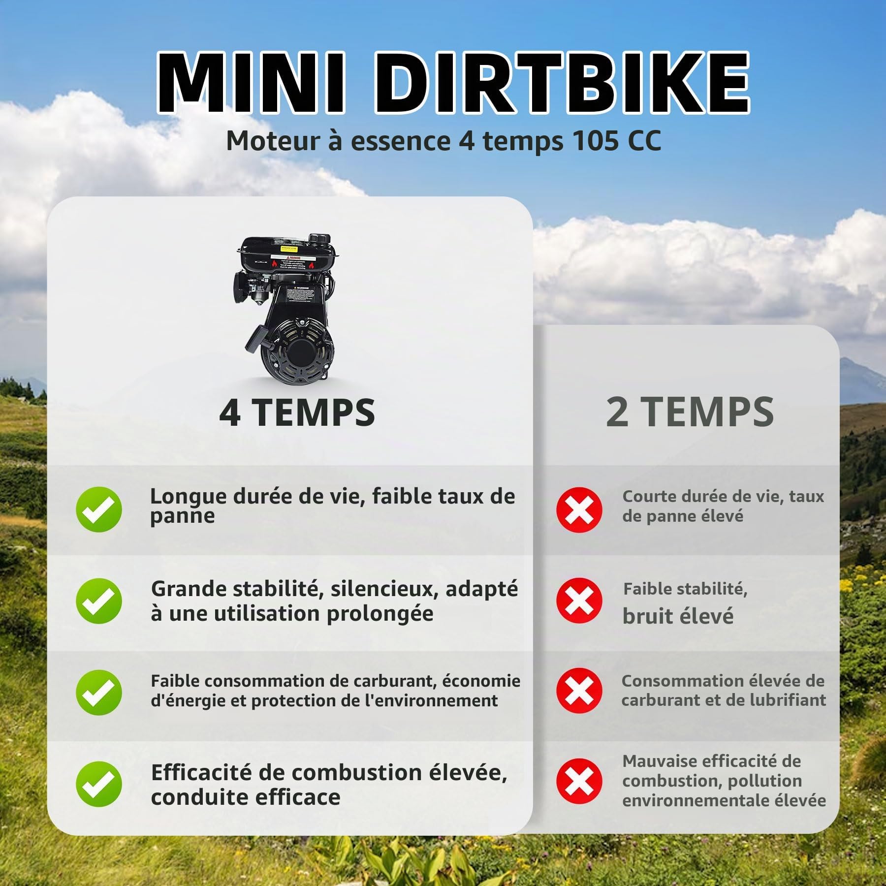 ORYXEARTH 105CC Mini Moto 4 Temps Pocket Bike Dirt Bike, Moto Cross Enfant, Benzin Haute Performance, Pneus Larges Tout-Terrain, Motocross, Autocollants DIY à Partir de 13 Ans (Crâne)