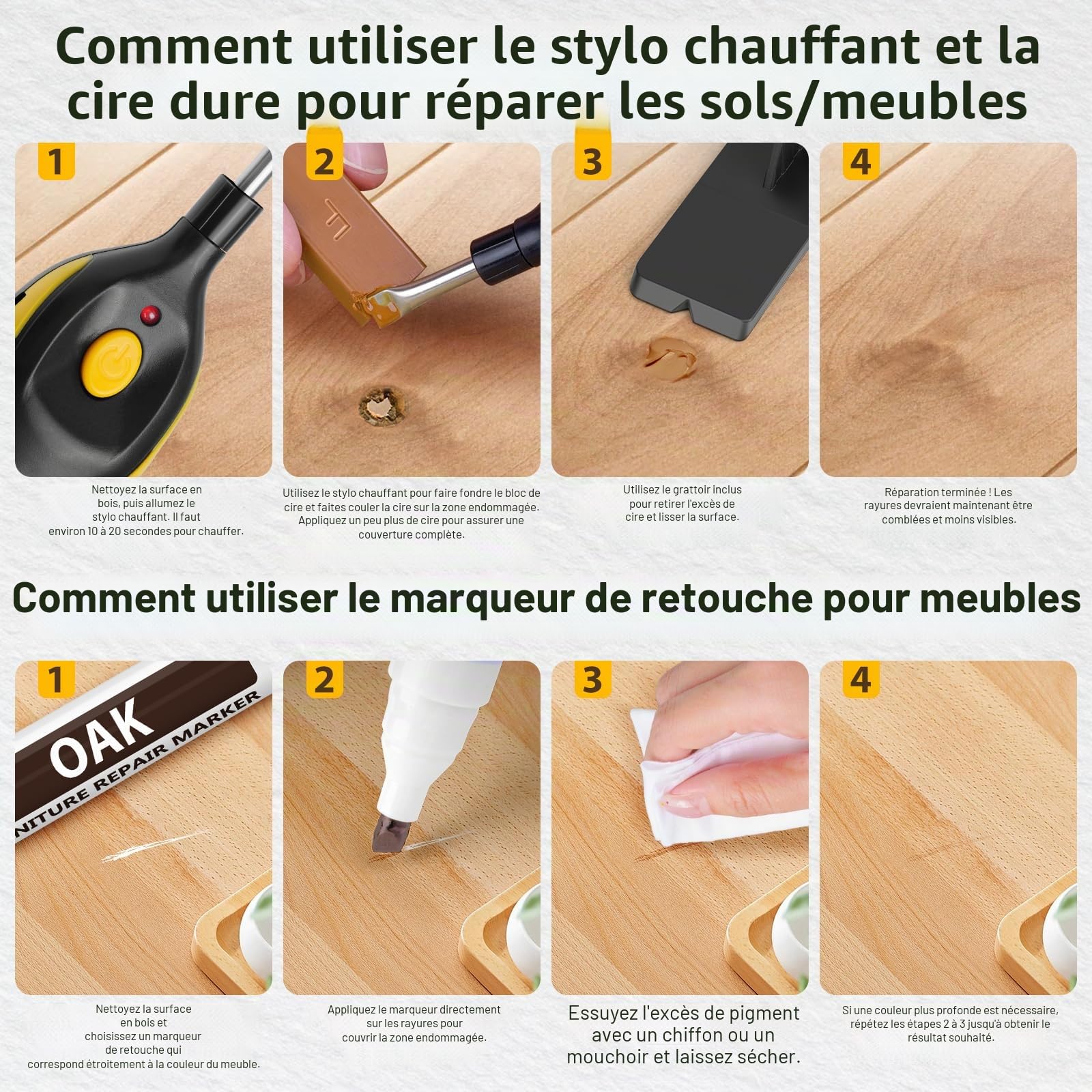 POFIBO Kit Reparation Parquet - Kit de Réparation pour Surfaces en Stratifié avec Cire Dure et Rechargeable USB Fondeur de Cire pour Meubles en Vinyle PVC, Parquet, Bois, Rayures, Fissures, Trous