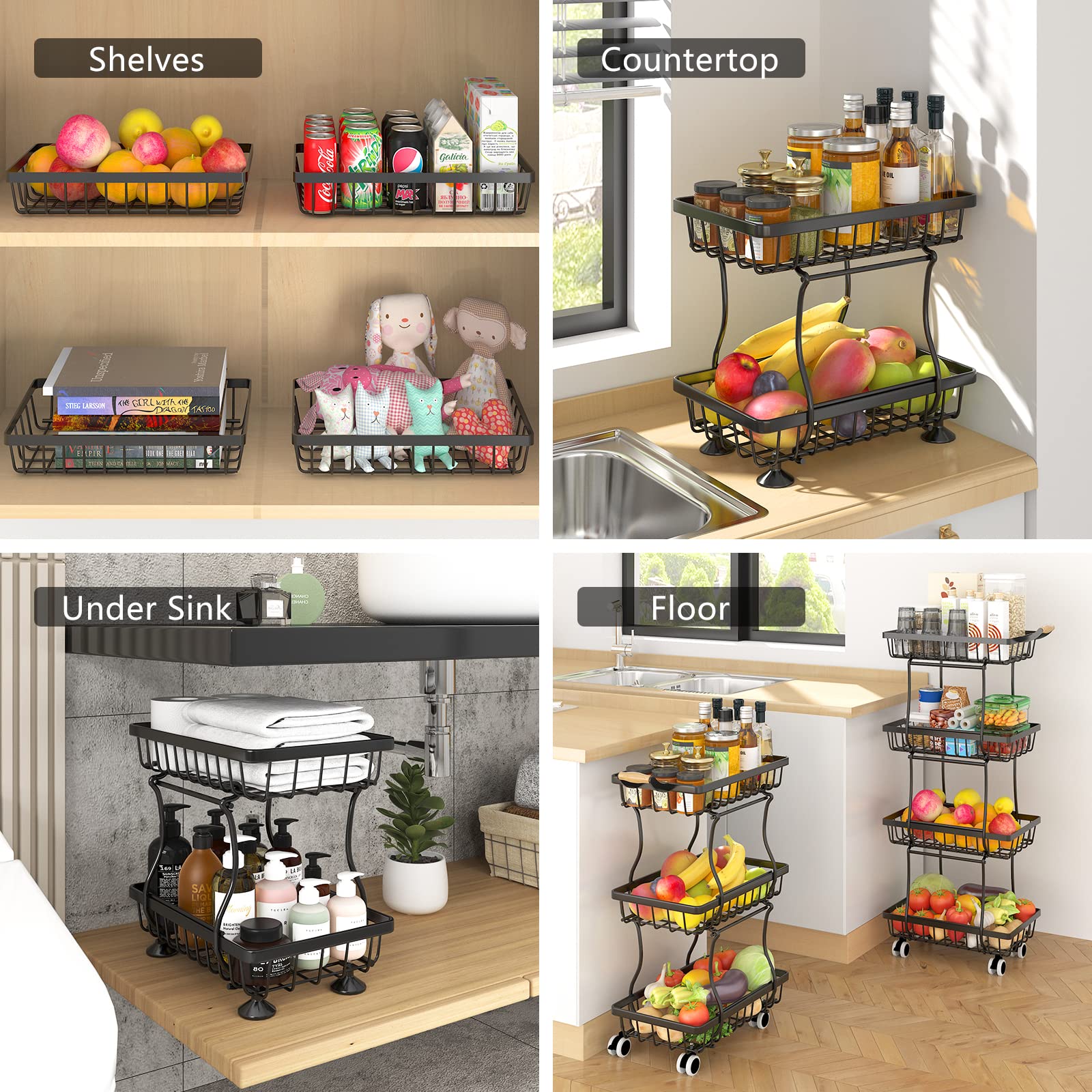 OKZEST 4 Tier Slim Fruit Vegetable Storage Basket for Kitchen, Stackable Metal Wire Baskets with Rolling Wheels, Produce Potato Onion Storage Bins Rack Utility Snack Organizer Cart for Pantry, Laundry