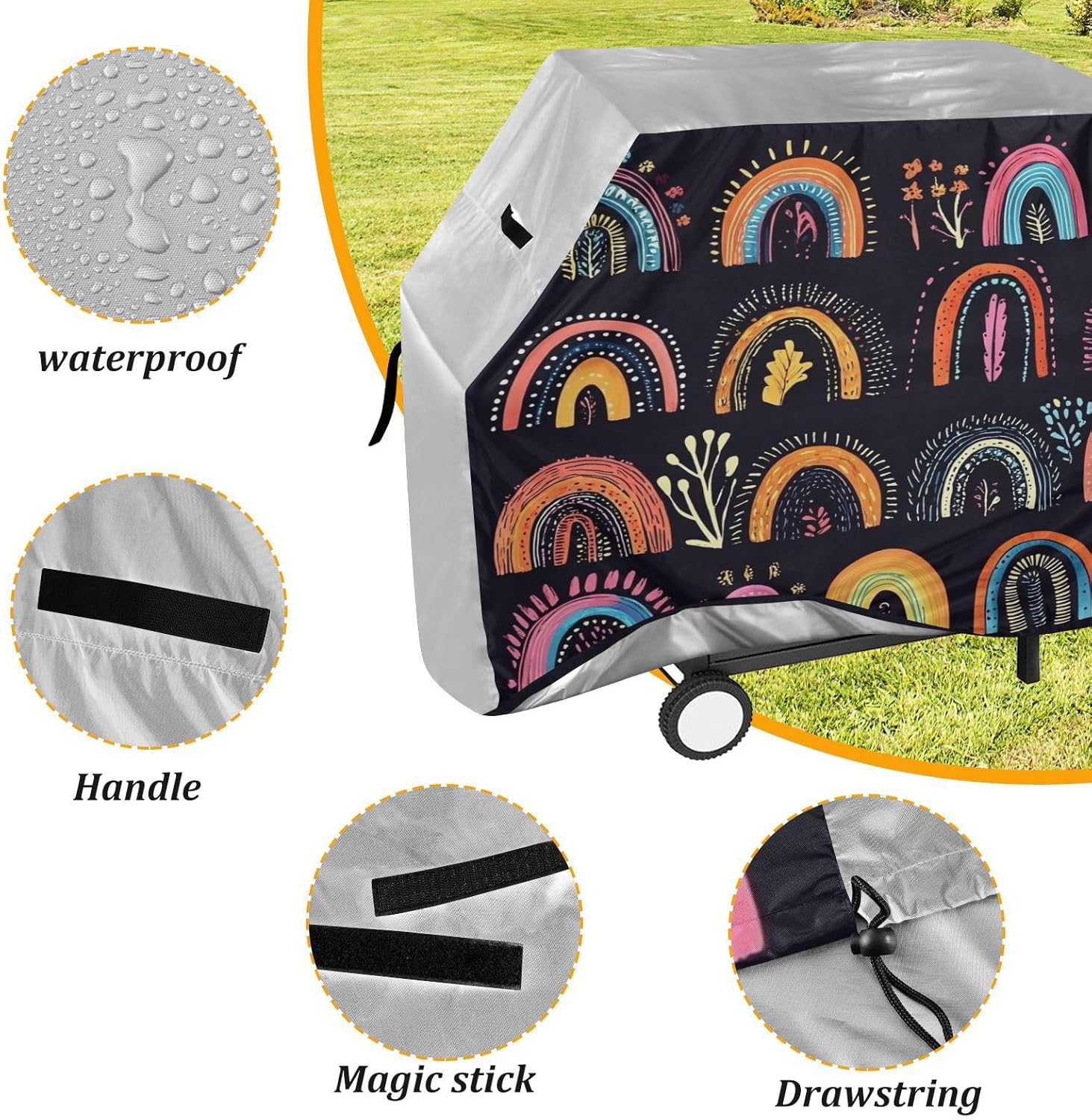 Kigai Boho Rabinbow Grill Cover 65 Inch Heavy Duty Outdoor Barbecue Cover Waterproof BBQ Gas Grill Cover with Adjustable Straps for Most Grills