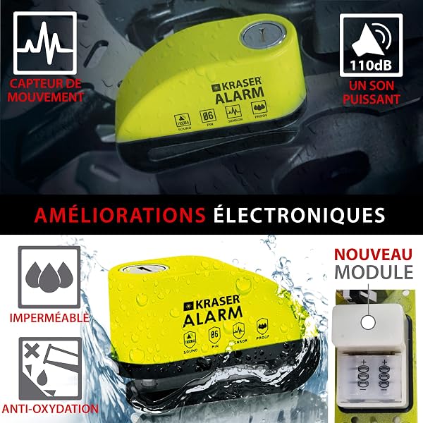 KRASER WA6Y Antivol Moto, Bloque Disque Alarme 110db, Renforcé, 3 clés (2 autres) Serrure Haute Sécurité, Étanche, Câble Rappel 1.5m, Sac, Piles Rechange, Bloc Frein 6mm Universel Moto Scooter Vélo - 4