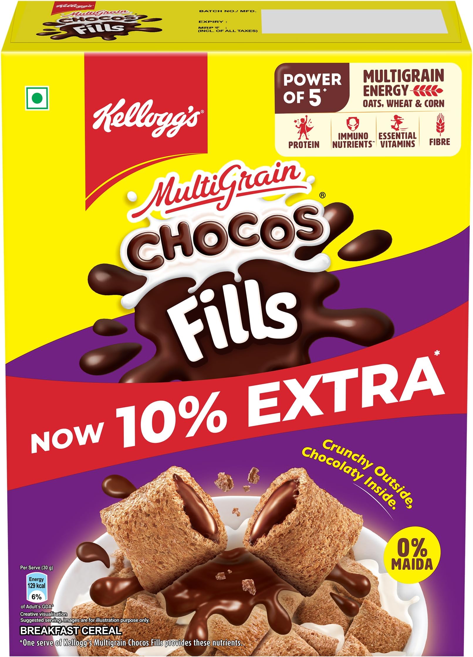Chocos Fills 250g + 25g Extra Free | Double Chocolaty, Anytime Snack | 3 Grains: Oats, Wheat & Rice, Protein Rich, 0% Maida