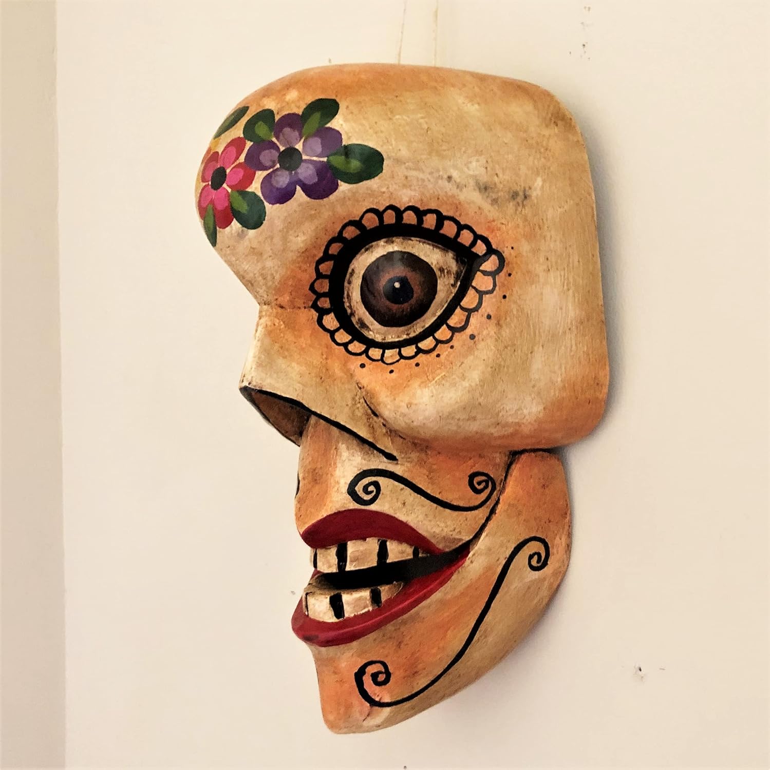 Skull Mask Skeleton Dia de los Muertos Day of the Dead Hand carved Guatemala 12 x 6.75 x 6 Inches