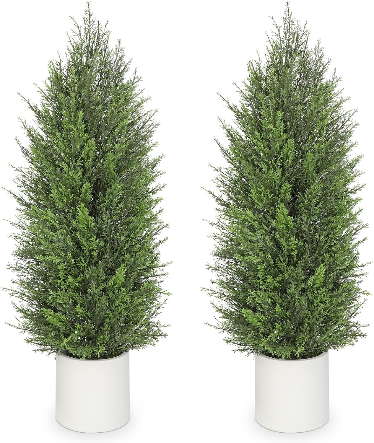briful 4pcs 4ft artificial cedar topiary trees in white planter – medium faux evergreen potted plants, indoor outdoor fake shrubs, lifelike fake cypress trees for home, office, patio, porch 4 pack - 4ft white pot 4ft