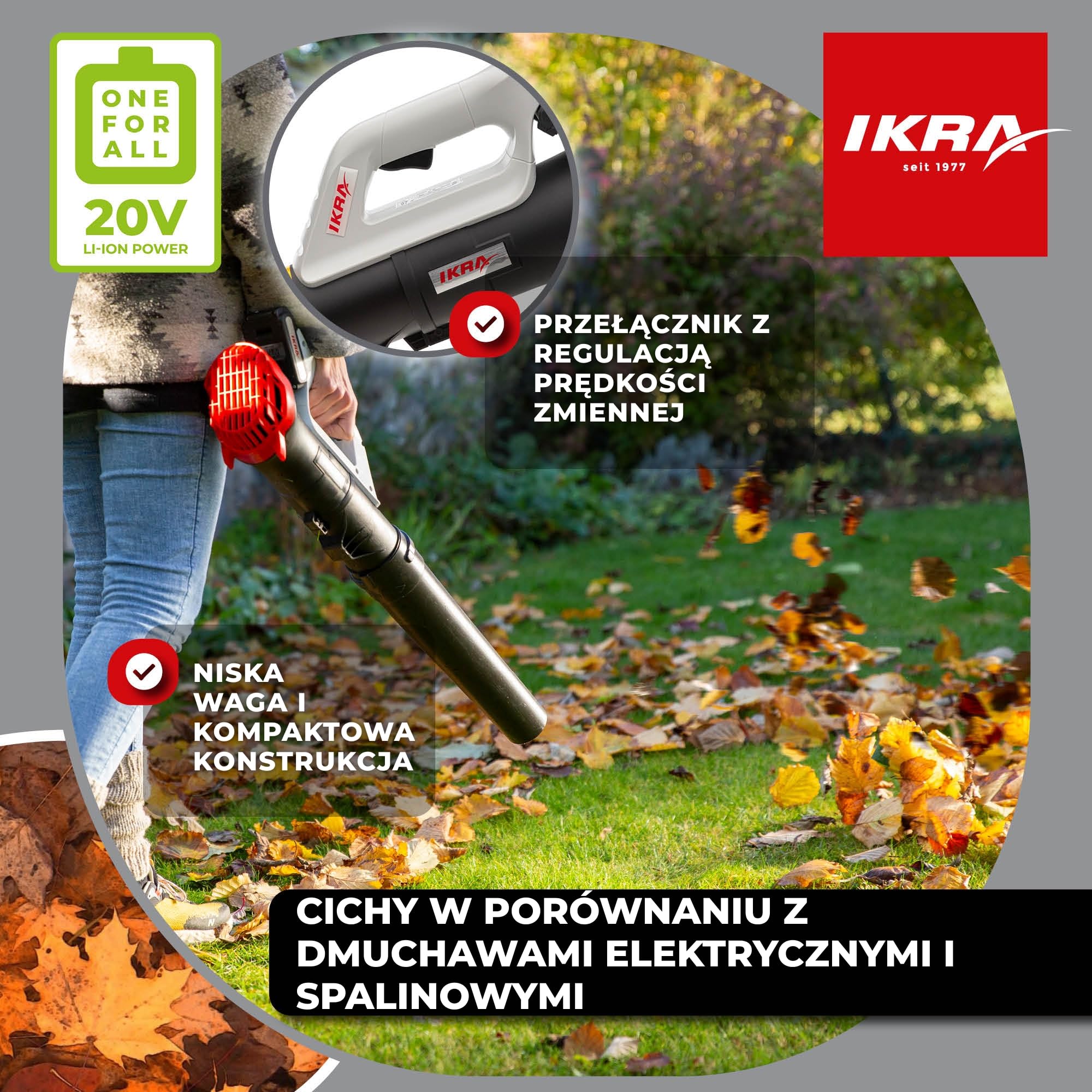 IKRA Osiowa dmuchawa do liści ICB 20, akumulator 20V 2,0Ah, ładowarka | Wentylator osiowy usuwa nawet mokre liście, płynna regulacja prędkości, kompaktowy i lekki, 150 km/h, system IKRA 20V