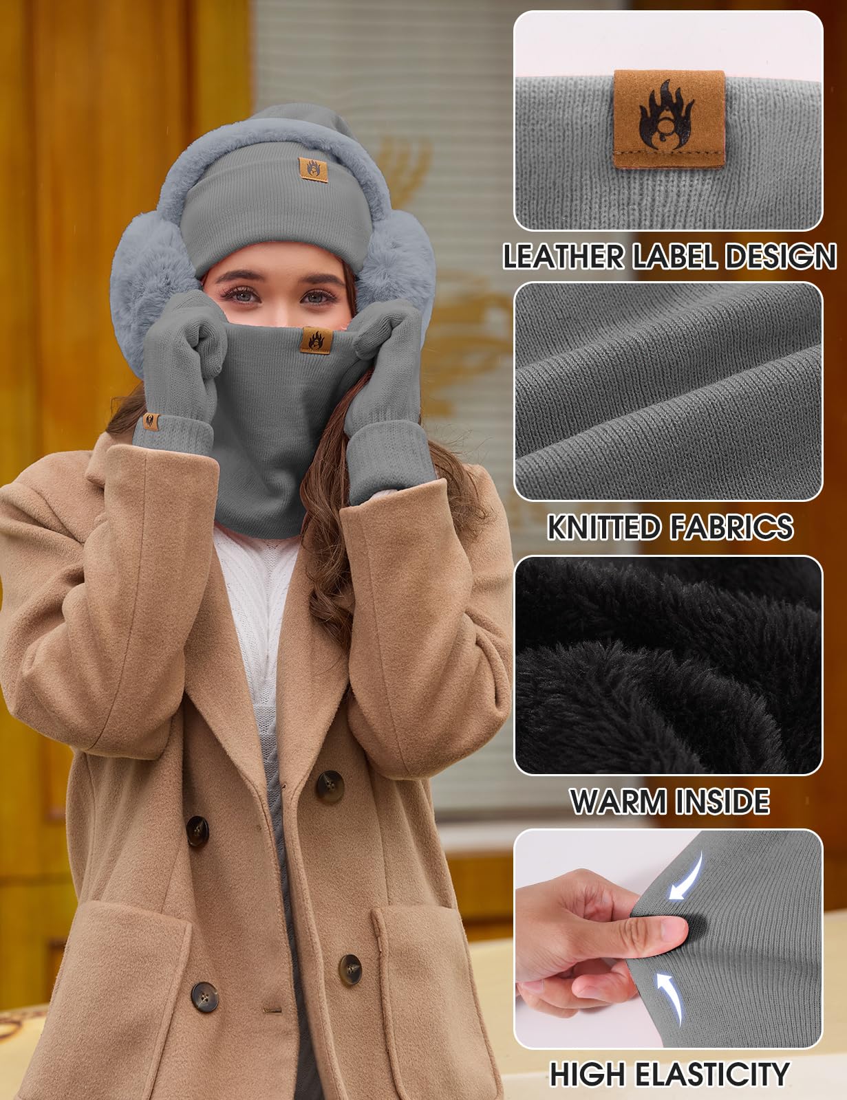 Niwicee Ensemble Bonnet Écharpe Gants 5 en 1 Femme Hiver Chaud Cache-Cou Écharpe Bonnet de Doublure Polaire Gants d'écran Tactile Cache-Oreilles Chaussettes