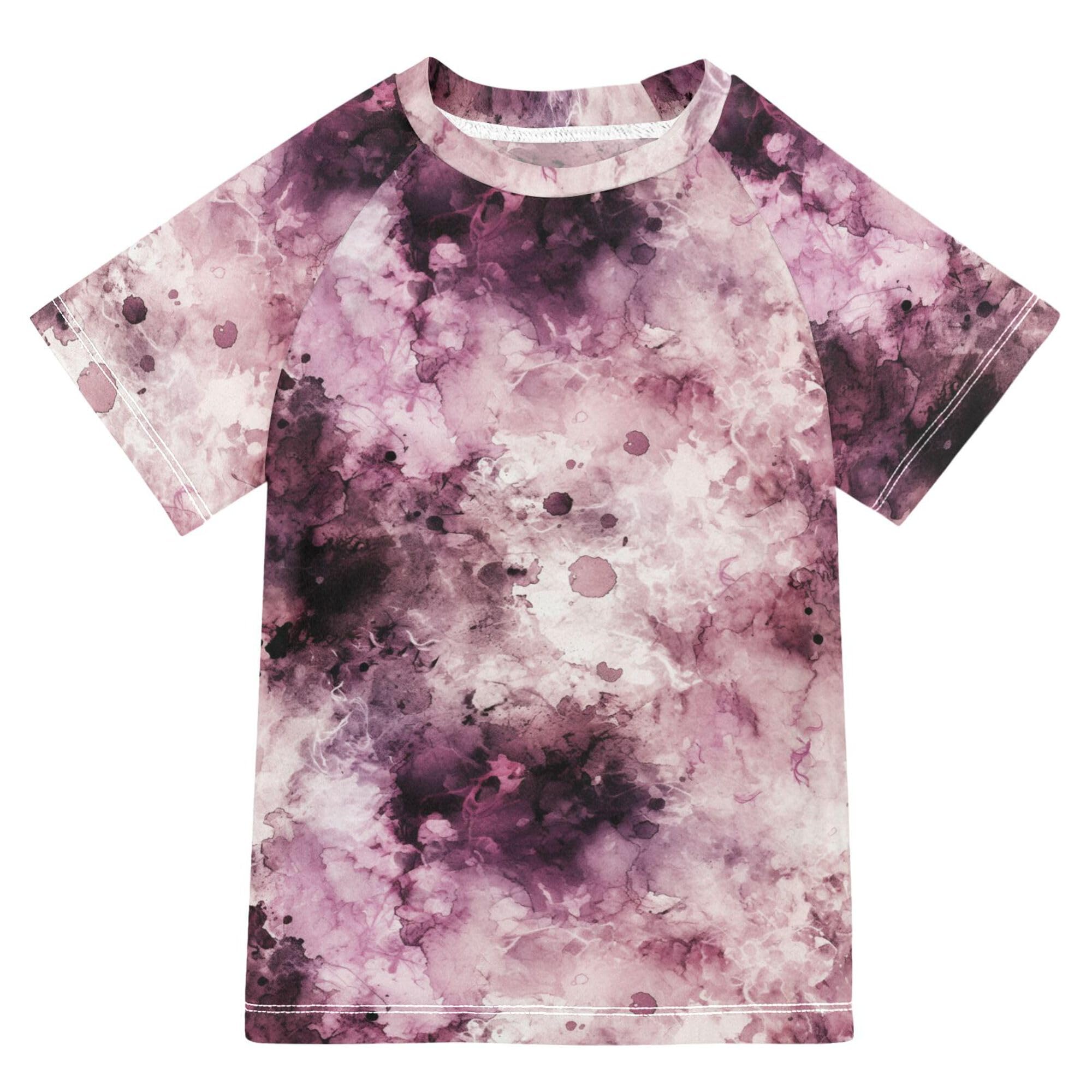 Watercolor Abstract Splash-Ink Purple Girls Bathing Suit Short Sleeves Rash Guard for Girls Swimwears Athletic Tops for Toddler Boy 5-6T