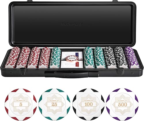 Vista 7 de SLOWPLAY Juego de fichas de póker de 14g de arcilla para Texas Hold'em, 500 piezas, con valores numerados, estilo Art Deco, y estuche de transporte
