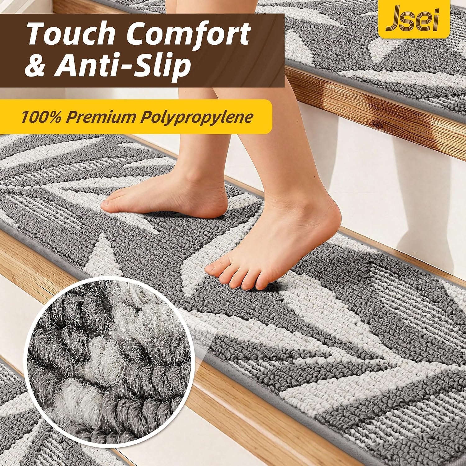 JSEI tappeti per Scale Antiscivolo con Motivo a Foglie, 4 Pezzi, 22 x 71 cm, Lavabili e autoadesivi, Grigio
