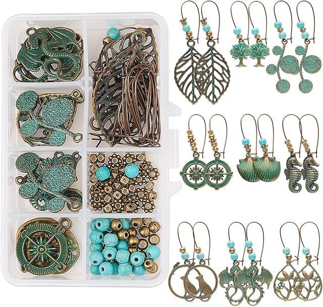 SUNNYCLUE 1 Box DIY 9 Pairs Bohemian Vintage Turquoise Dangle Earrings Set Boho Chic Jewellery Making Kit Tree of Life Charms Hollow Pendant for St. Patrick's Day