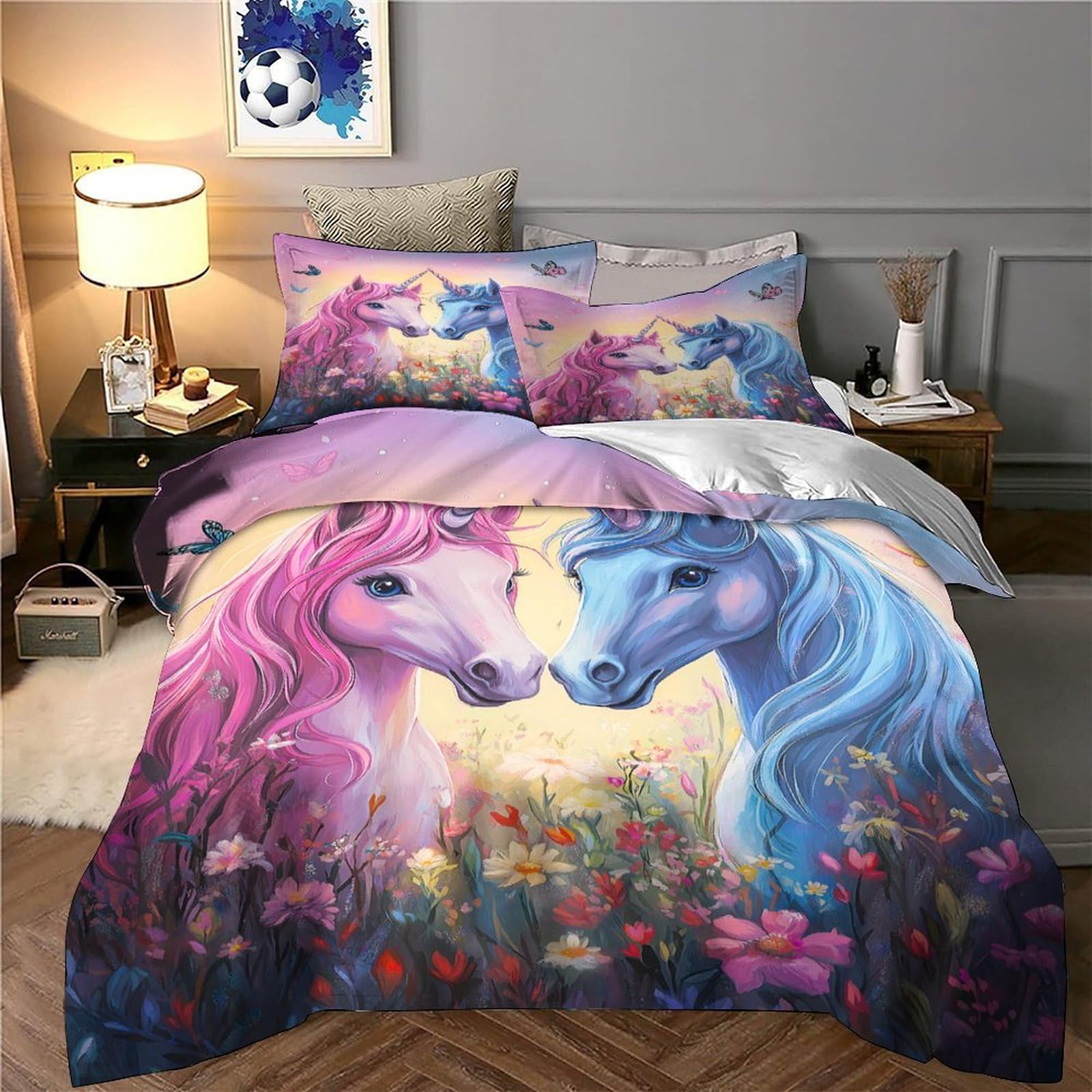 Einhorn-Pärchen 3D-Bedruckt 3er-Set Bettbezug Fantasy Kuschelbezug Mikrofaser Reißverschluss Hypoallergen für Kleinkinder Jugendliche Mädchen Super King（260x220cm）