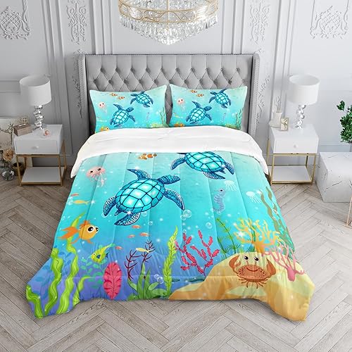 Miniatura 5 de XYNHML Juego de edredón de tortuga, tamaño Queen, juego de cama de tortuga marina náutica, animales marinos, reptiles, con 2 fundas de almohada para