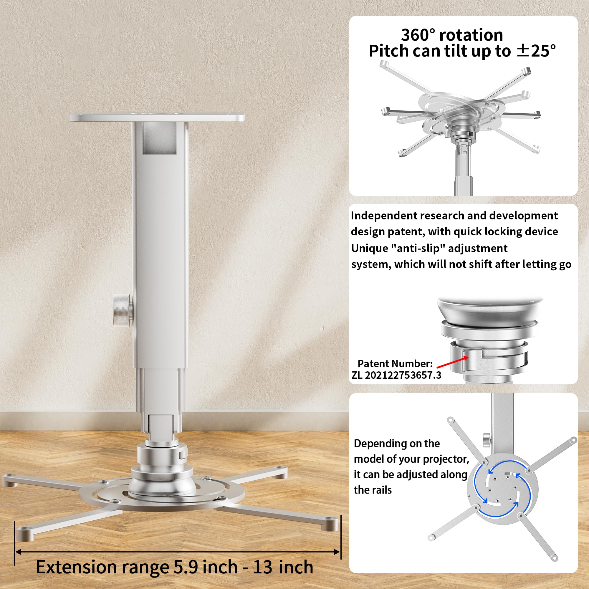 Soporte de pared para proyector con diseño de múltiples agujeros, soporte de techo universal ajustable para cine en casa, oficina, aula, carga de 55 libras, color plateado 4