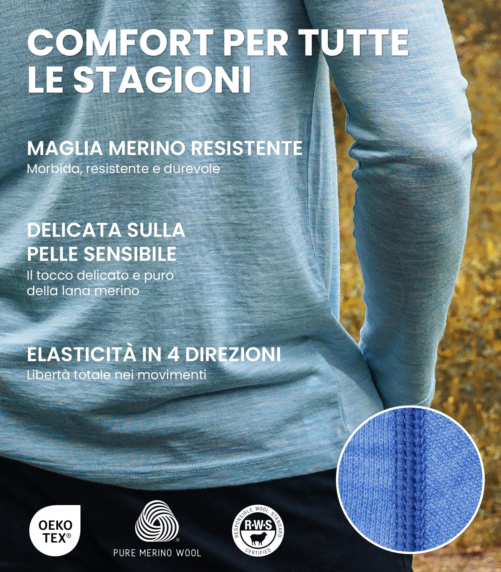 Merino.tech Maglia Termica Lana Merino Uomo - 100% Intimo Termico Lana Merino Uomo Leggero, Medio, Pesante con Calzini
