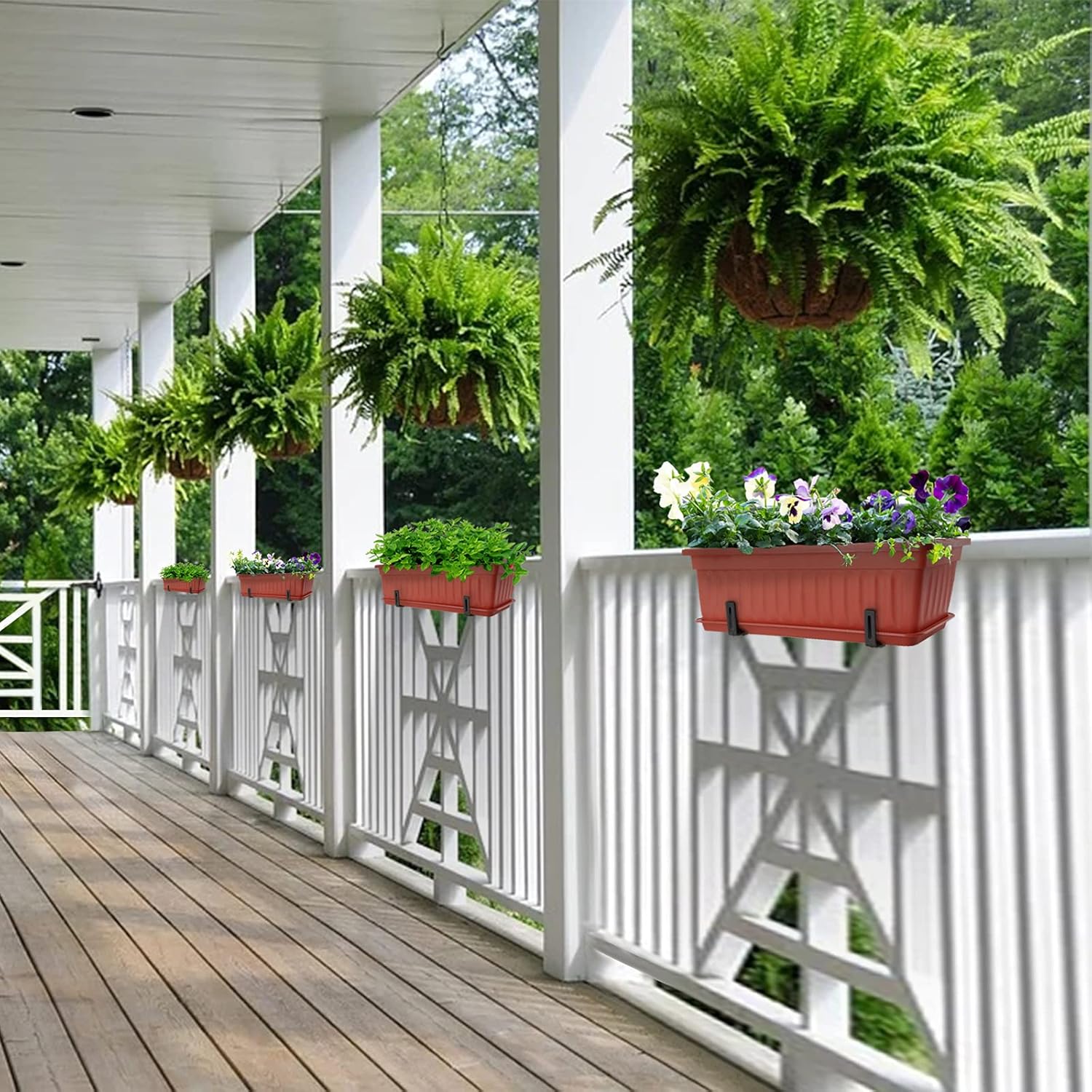 GREANER Long Planters for Outdoor Plants, 3 Pack 16.9x7.48 Inch Flower Windowsill Plastic Countryside Vegetable Box Pot with Tray for Plant Growing DIY in Garden, Balcony, Houses - Red