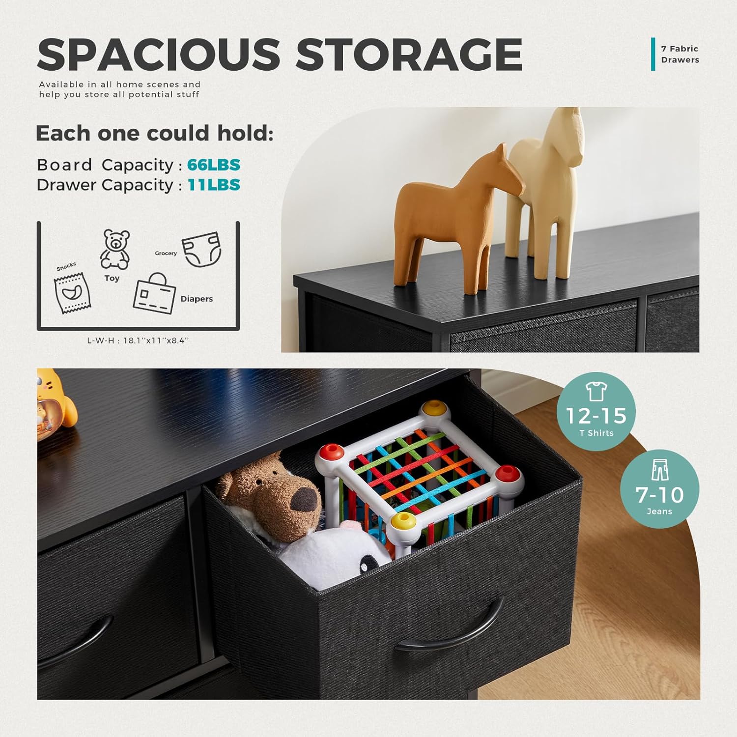 Close-up of a fabric drawer filled with toys, illustrating its storage capacity.