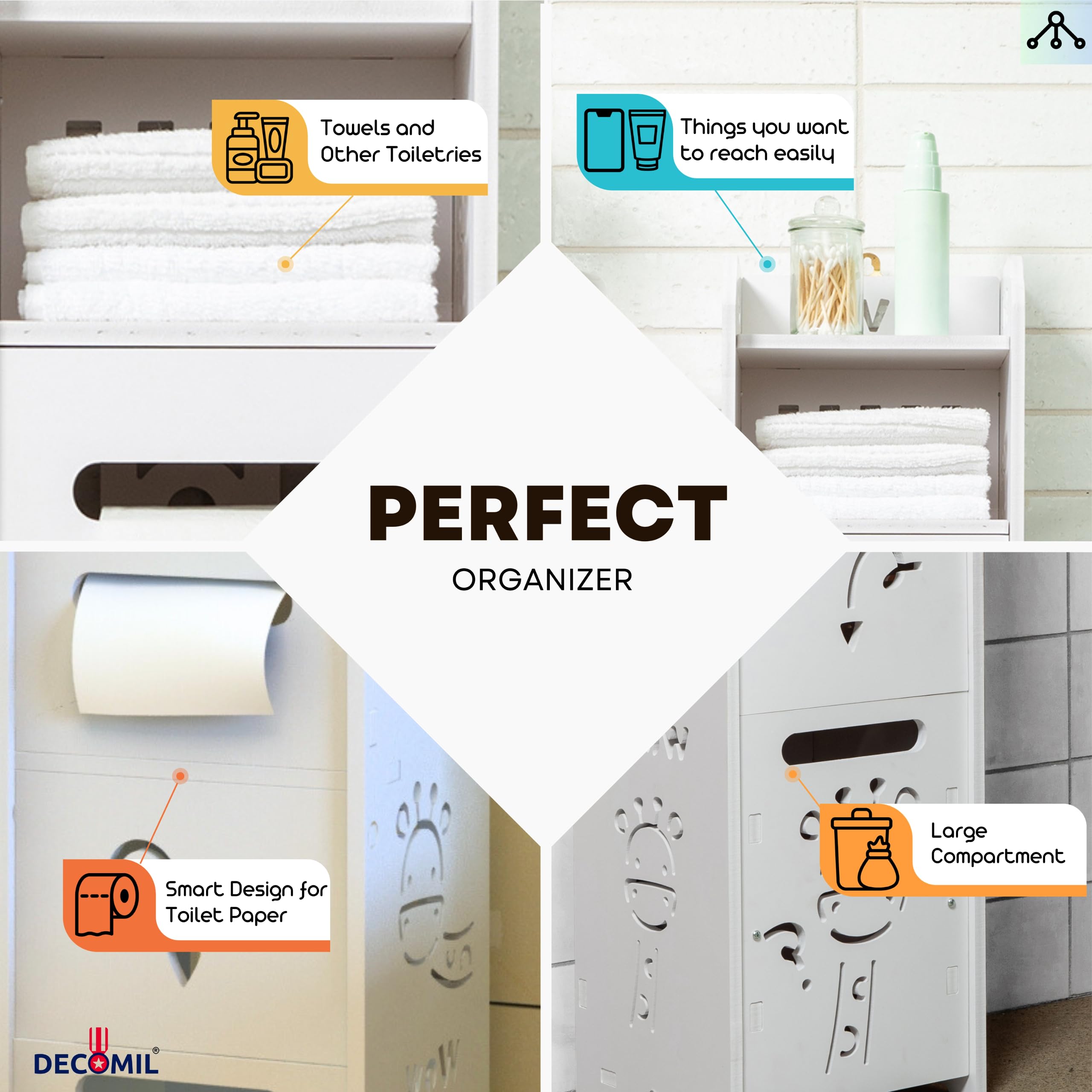 DECOMIL - Small White Bathroom Storage Cabinet | Modern Bathroom Cabinet with 3 Shelves & 2 Compartments, Toiletry & Towel Storage