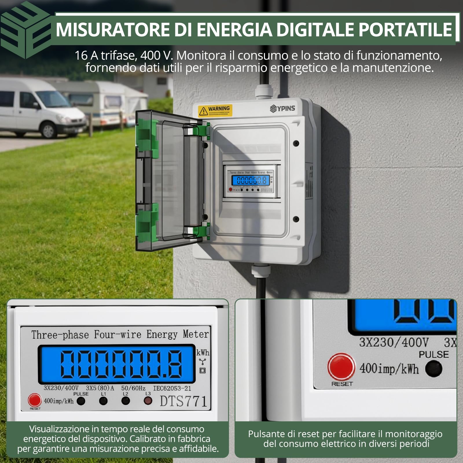 EYPINS Cyfrowy licznik prądu CEE gniazdko 16 A 400 V, IP55 licznik prądu trójfazowego z funkcją resetowania, miernik kosztów energii z wtyczką CEE 16 A i sprzęgłem (2 m) do przyczep kempingowych