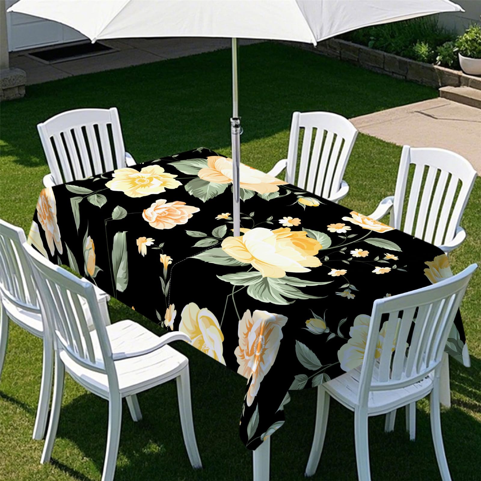 Odot Tablecloths Rectangular Wipe Clean with Umbrella Parasol Hole and Zipper, Table Cover Waterproof Garden Outdoor Table Cloth for Garden BBQ Party, Elegant Rose Print (Black,213x152cm)