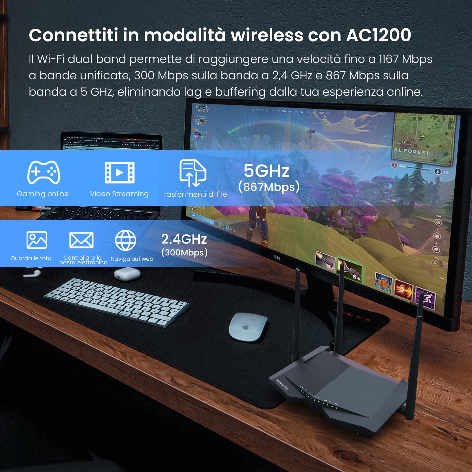 Tenda V12 Modem Router WiFi, Wireless AC1200 Dual Band VDSL/ADSL Router, 300Mbps/2.4GHz and 867Mbps/5GHz, 4 Gigabit Ports, Beamforming Technology, VPN/IPTV/IPv6/WPS Support