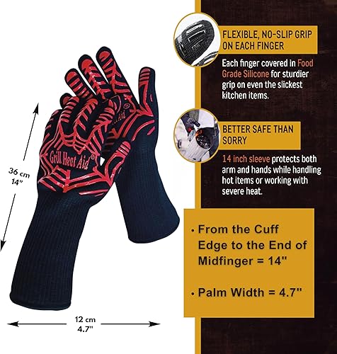 Miniatura 45 de GRILL HEAT AID Guantes de parrilla para barbacoa a prueba de calor para asar – Guantes ignífugos de 1472 °F resistentes al calor para barbacoa