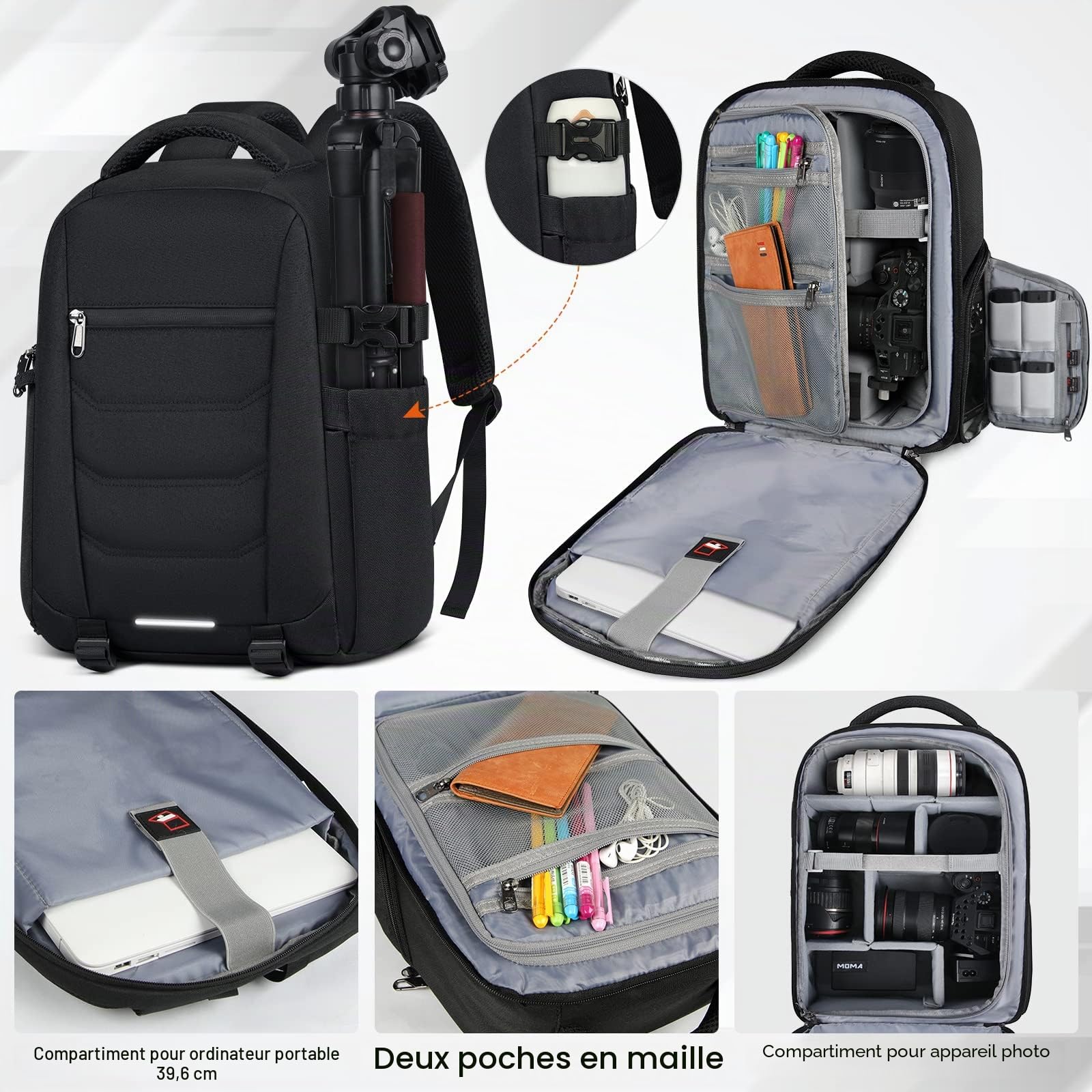 RAINSMORE Sac a Dos Appareil Photo avec Compartiment de 15,6 Pouces Sac a Dos Photographe avec Housse de Pluie, Sac Appareil Photo Compatible avec Canon Sony Nikon Noir