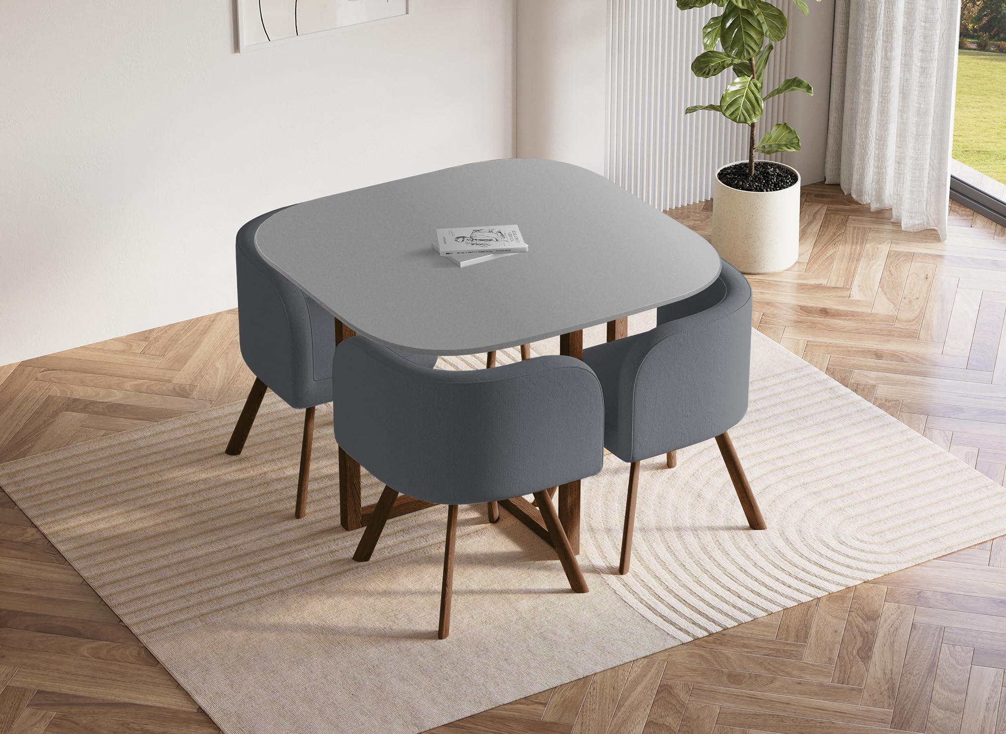 Ensemble Table + 4 Chaises Encastrables FLEN - Plateau Bois Et Structure Métal - Design Moderne Beige