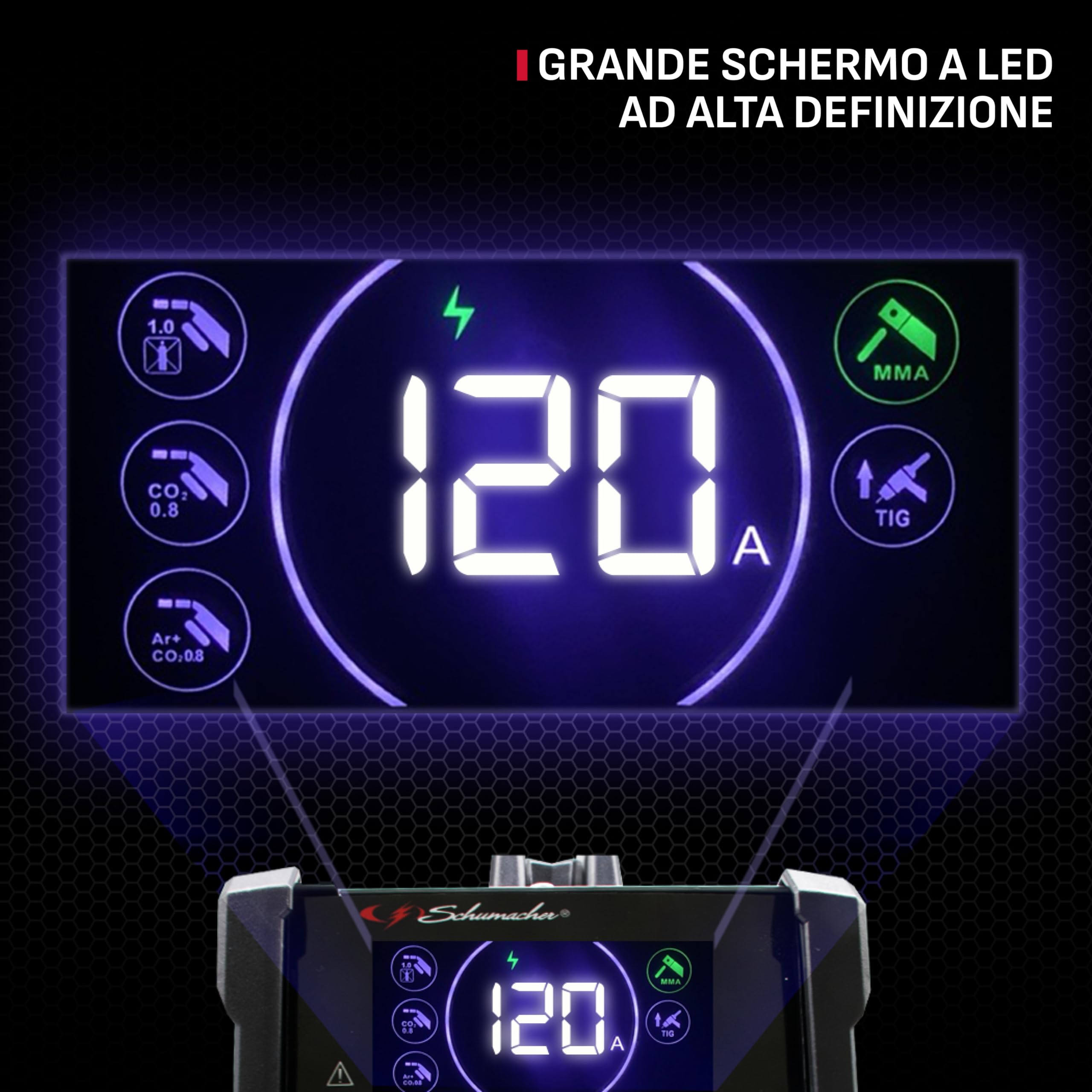 Schumacher Electric - SWX 120: saldatrice MIG con inverter da 120 A, senza gas, 230 V – Torcia MIG Direct + MMA – Filo tubolare da Ø 0,6–0,9 mm – Elettrodi da Ø 1,6–3,2 mm – Display LCD – 2 rulli