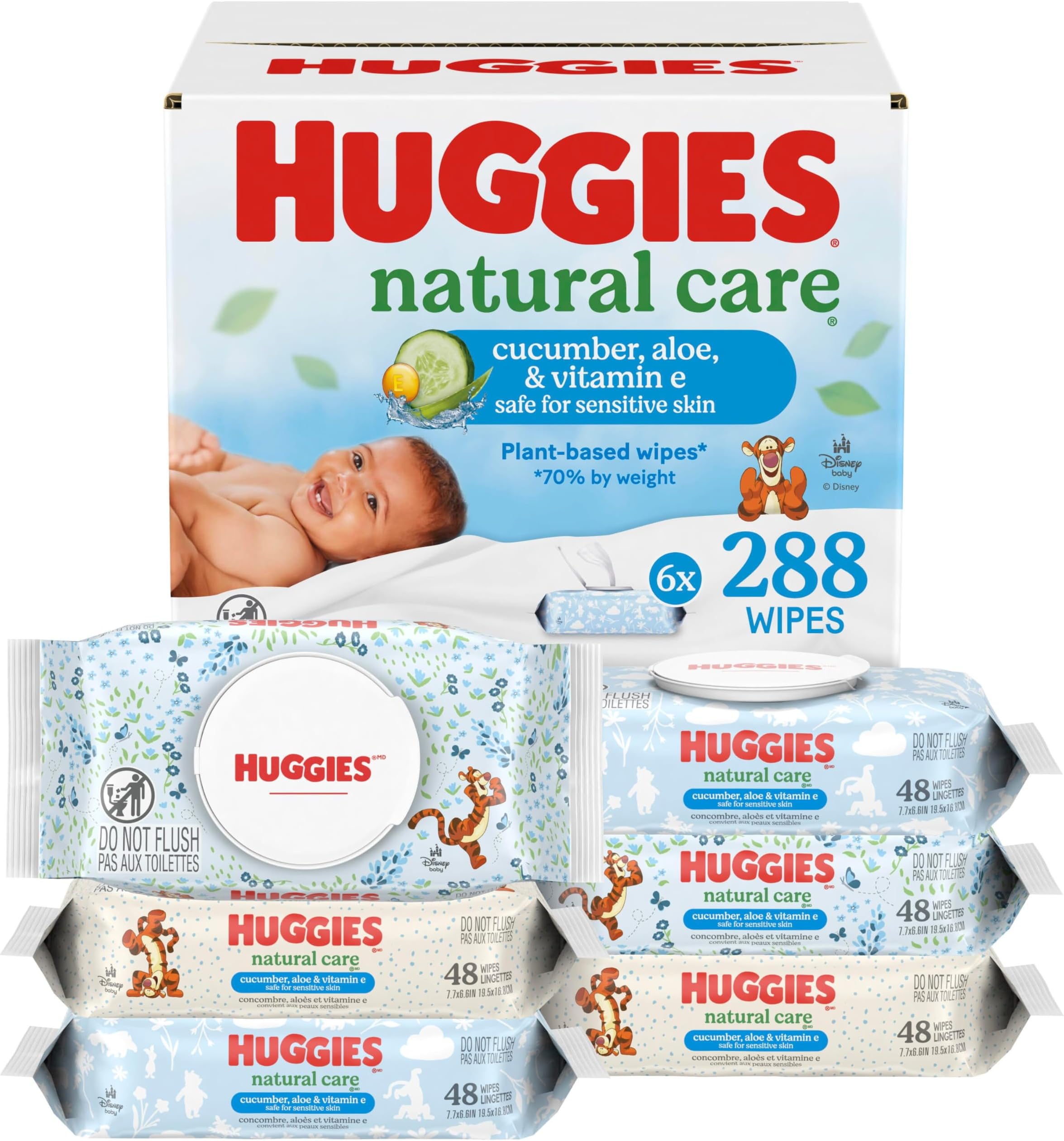 Huggies Natural Care Cucumber, Aloe and Vitamin E Baby Wipes, Hypoallergenic, Scented, 6 Flip-Top Packs (288 Wipes Total), Packaging May Vary